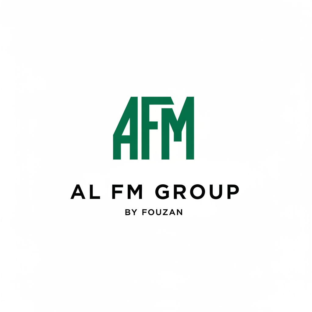 AI Design for Design a premium modern logo for "AL FM GROUP". The logo should symbolize global trade, industrial manufacturing, exports, growth, and trust. Use a geometric monogram combining A, F, and M into one unique symbol. Minimalist, powerful, timeless, Fortune 500 style. Clean vector design, no stock icon, no globe clipart, no handshake icon, no swooshes. Professional black and deep emerald green color palette. Text: "AL FM GROUP" with smaller text below: "By Fouzan". White background.