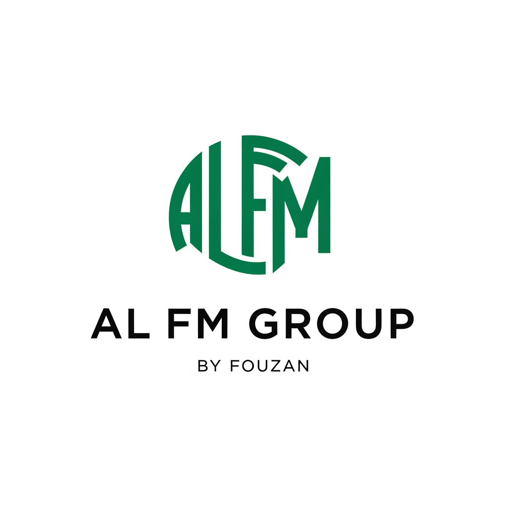 AI Design for Design a premium modern logo for "AL FM GROUP". The logo should symbolize global trade, industrial manufacturing, exports, growth, and trust. Use a geometric monogram combining AL, F, and M into one unique symbol. Minimalist, powerful, timeless, Fortune 500 style. Clean vector design, no stock icon, no globe clipart, no handshake icon, no swooshes. Professional black and deep emerald green color palette. Text: "AL FM GROUP" with smaller text below: "By Fouzan". White background.