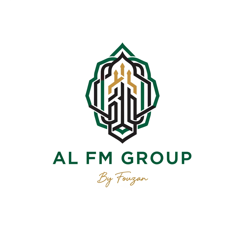 AI Design for Design an elegant logo for AL FM GROUP inspired by modern Islamic geometric patterns. Minimalist geometric emblem representing integrity, global trade, and long-term growth. No religious symbols, no crescents. Premium corporate identity. Deep green, black, and gold accents. Text: AL FM GROUP. Small signature text: By Fouzan.