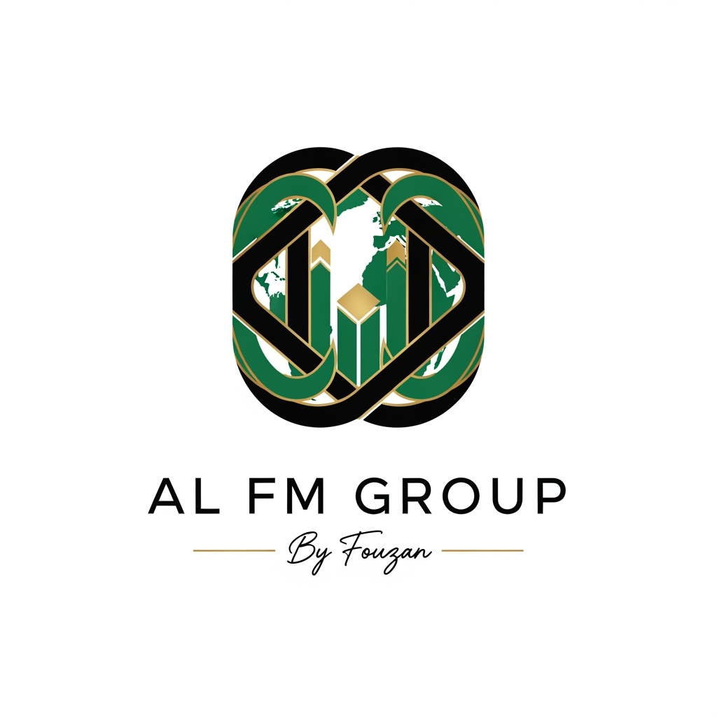 AI Design for Design an elegant logo for AL FM GROUP inspired by modern Islamic geometric patterns. Minimalist geometric emblem representing integrity, global trade, and long-term growth. No religious symbols, no crescents. Premium corporate identity. Deep green, black, and gold accents. Text: AL FM GROUP. Small signature text: By Fouzan.