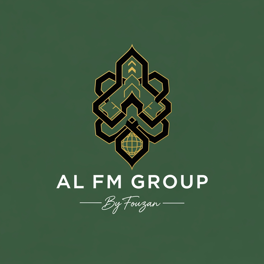 AI Design for Design an elegant logo for AL FM GROUP inspired by modern Islamic geometric patterns. Minimalist geometric emblem representing integrity, global trade, and long-term growth. No religious symbols, no crescents. Premium corporate identity. Deep green, black, and gold accents. Text: AL FM GROUP. Small signature text: By Fouzan.