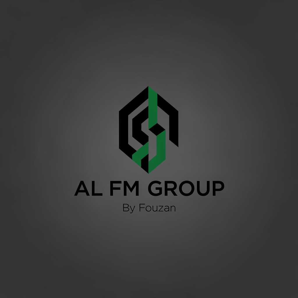 AI Design for Design a world-class holding company logo for AL FM GROUP. The symbol should be abstract and memorable, similar to BlackRock, Berkshire Hathaway, or multinational investment groups. Strong geometric mark, minimal, timeless, suitable for exports, manufacturing, logistics, investments, and future diversification. Black and dark green. Text: AL FM GROUP. Small text below: By Fouzan.