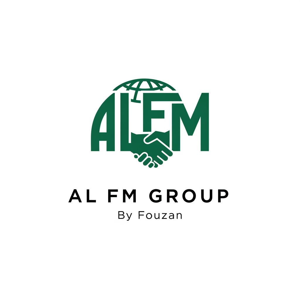 AI Design for Design a premium modern logo for "AL FM GROUP". The logo should symbolize global trade, industrial manufacturing, exports, growth, and trust. Use a geometric monogram combining AL, F, and M into one unique symbol. Minimalist, powerful, timeless, Fortune 500 style. Clean vector design, no stock icon, no globe clipart, no handshake icon, no swooshes. Professional black and deep emerald green color palette. Text: "AL FM GROUP" with smaller text below: "By Fouzan". White background.