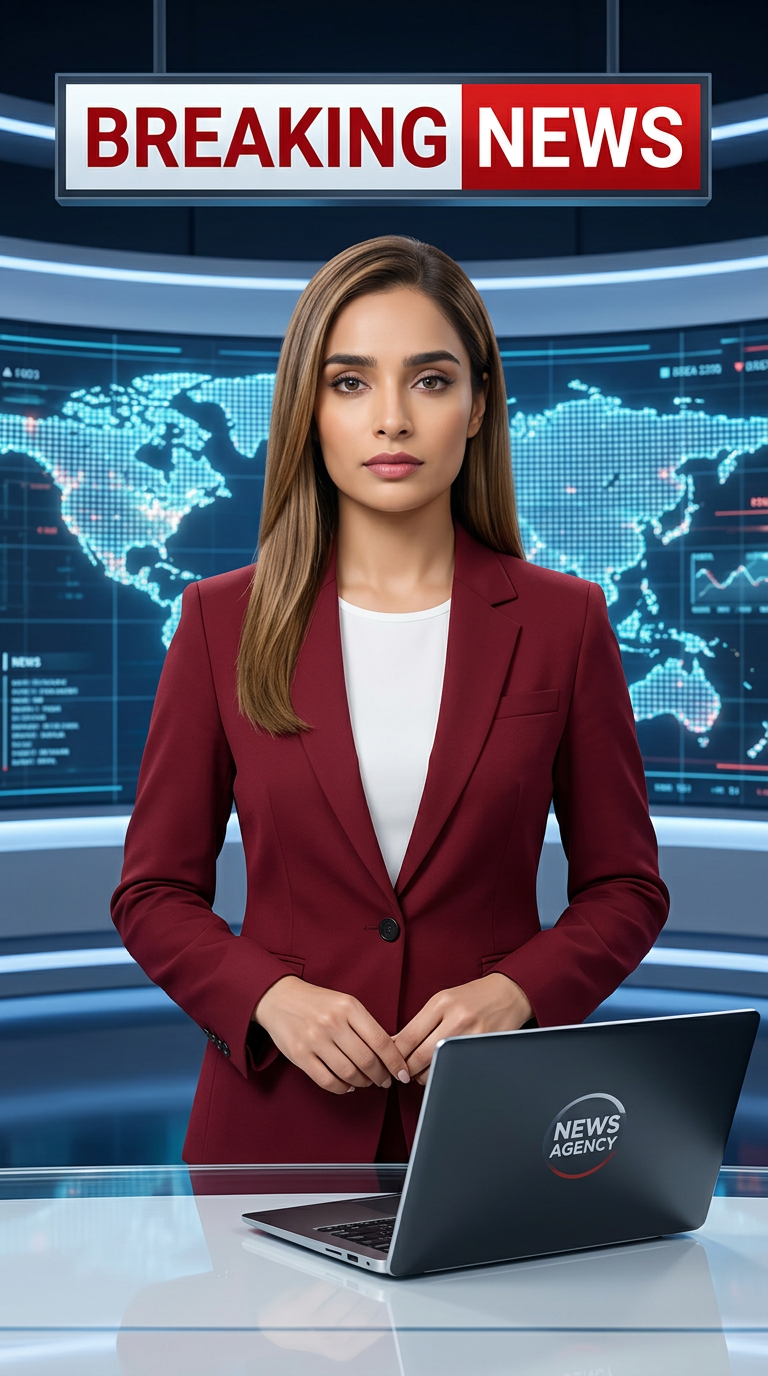 AI Design for Ultra-realistic Indian female news anchor sitting in a modern high-tech television news studio, professional navy blue blazer with white shirt, confident serious expression, looking directly at camera, glossy news desk with laptop, dramatic BREAKING NEWS panel on right side, bold red and black broadcast graphics, LED newsroom lighting, futuristic digital world map background, cinematic lighting, photorealistic skin details, television broadcast quality, Indian news channel aesthetic, breaking news headline in Hindi, large typography, premium newsroom environment, reflections on desk surface, sharp focus, depth of field, highly detailed, 8K, professional journalism, vertical composition. Headline Text: BREAKING NEWS Style: TV news broadcast, photorealistic, ultra detailed, cinematic, HDR, realistic newsroom, professional reporter, news channel graphics, red glowing accents, clean typography, modern media studio. Aspect Ratio: 9:16 (Instagram Reel) Camera: Medium shot, eye-level angle Lighting: Studio broadcast lighting, soft key light, rim light Quality: 8K, ultra realistic, sharp focus, photorealistic No watermark, no logo, no distorted text, no extra fingers, no blur cloth color: dark red cort
not any text & with laptop
not any wear ornaments, remove earings
remove hindi text
Straight body, straight face and straight hair
not any dot on face
not any hindi text in break news headline
must be breaking news headline on top center