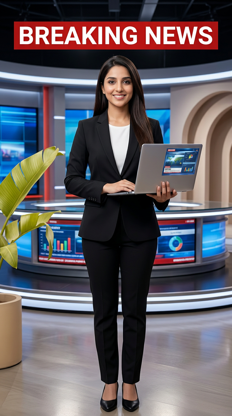 AI Design for Ultra-realistic Indian female news anchor sitting in a modern high-tech television news studio, professional navy blue blazer with white shirt, confident serious expression, looking directly at camera, glossy news desk with laptop, dramatic BREAKING NEWS panel on right side, bold red and black broadcast graphics, LED newsroom lighting, futuristic digital world map background, cinematic lighting, photorealistic skin details, television broadcast quality, Indian news channel aesthetic, breaking news headline in Hindi, large typography, premium newsroom environment, reflections on desk surface, sharp focus, depth of field, highly detailed, 8K, professional journalism, vertical composition. Headline Text: BREAKING NEWS Style: TV news broadcast, photorealistic, ultra detailed, cinematic, HDR, realistic newsroom, professional reporter, news channel graphics, red glowing accents, clean typography, modern media studio. Aspect Ratio: 9:16 (Instagram Reel) Camera: Medium shot, eye-level angle Lighting: Studio broadcast lighting, soft key light, rim light Quality: 8K, ultra realistic, sharp focus, photorealistic No watermark, no logo, no distorted text, no extra fingers, no blur cloth color: black
not any text & with laptop
not any wear ornaments, remove earings
remove hindi text
Straight body, straight face and straight hair
not any dot on face
not any hindi text in break news headline
must be breaking news headline on top center