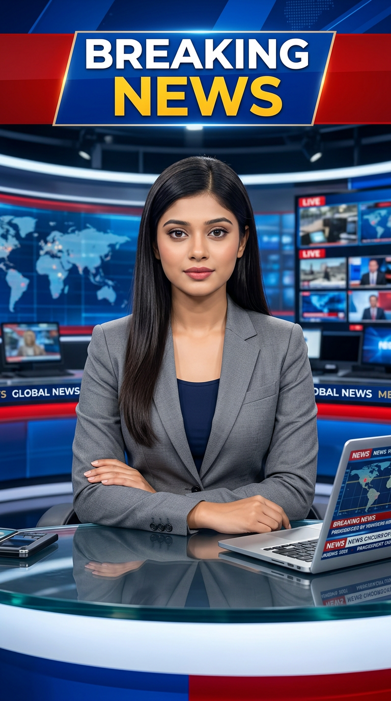 AI Design for Ultra-realistic Indian female news anchor sitting in a modern high-tech television news studio, professional navy blue blazer with white shirt, confident serious expression, looking directly at camera, glossy news desk with laptop, dramatic BREAKING NEWS panel on right side, bold red and black broadcast graphics, LED newsroom lighting, futuristic digital world map background, cinematic lighting, photorealistic skin details, television broadcast quality, Indian news channel aesthetic, breaking news headline in Hindi, large typography, premium newsroom environment, reflections on desk surface, sharp focus, depth of field, highly detailed, 8K, professional journalism, vertical composition. Headline Text: BREAKING NEWS Style: TV news broadcast, photorealistic, ultra detailed, cinematic, HDR, realistic newsroom, professional reporter, news channel graphics, red glowing accents, clean typography, modern media studio. Aspect Ratio: 9:16 (Instagram Reel) Camera: Medium shot, eye-level angle Lighting: Studio broadcast lighting, soft key light, rim light Quality: 8K, ultra realistic, sharp focus, photorealistic No watermark, no logo, no distorted text, no extra fingers, no blur cloth color:grey
not any shadow with laptop
not any wear ornaments, remove earings
remove hindi text
Straight body, straight face and straight hair
not any dot on face
not any hindi text in break news headline
must be breaking news headline on top center