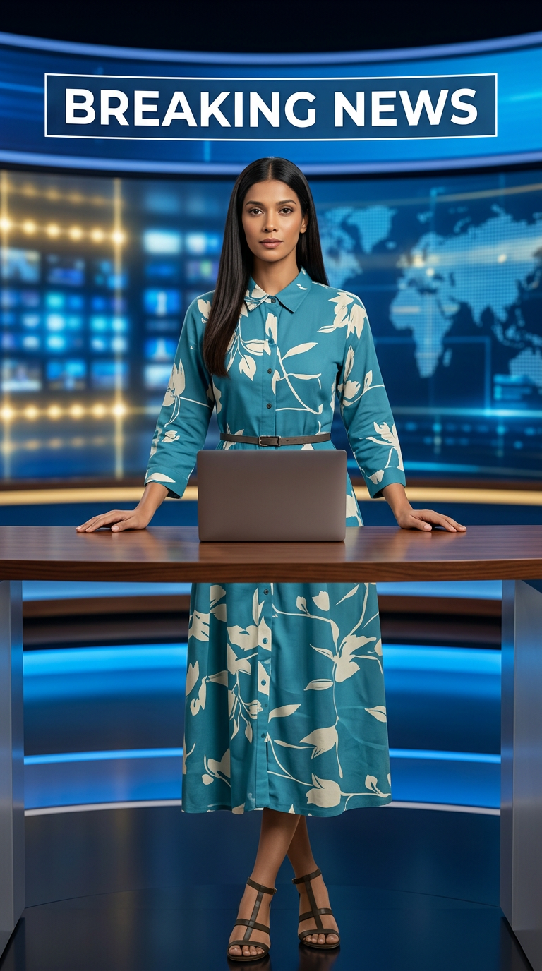AI Design for Ultra-realistic Indian female news anchor sitting in a modern high-tech television news studio, professional navy blue blazer with white shirt, confident serious expression, looking directly at camera, glossy news desk with laptop, dramatic BREAKING NEWS panel on right side, bold red and black broadcast graphics, LED newsroom lighting, futuristic digital world map background, cinematic lighting, photorealistic skin details, television broadcast quality, Indian news channel aesthetic, breaking news headline in Hindi, large typography, premium newsroom environment, reflections on desk surface, sharp focus, depth of field, highly detailed, 8K, professional journalism, vertical composition. Headline Text: BREAKING NEWS Style: TV news broadcast, photorealistic, ultra detailed, cinematic, HDR, realistic newsroom, professional reporter, news channel graphics, red glowing accents, clean typography, modern media studio. Aspect Ratio: 9:16 (Instagram Reel) Camera: Medium shot, eye-level angle Lighting: Studio broadcast lighting, soft key light, rim light Quality: 8K, ultra realistic, sharp focus, photorealistic No watermark, no logo, no distorted text, no extra fingers, no blur cloth color: dark blue
not any text & with laptop
not any wear ornaments, remove earings
remove hindi text
Straight body, straight face and straight hair
not any dot on face
not any hindi text in break news headline
must be breaking news headline on top center