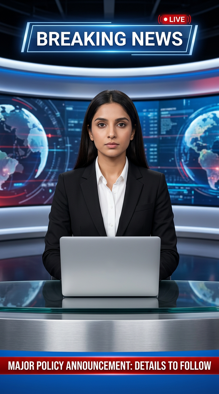 AI Design for Ultra-realistic Indian female news anchor sitting in a modern high-tech television news studio, professional navy blue blazer with white shirt, confident serious expression, looking directly at camera, glossy news desk with laptop, dramatic BREAKING NEWS panel on right side, bold red and black broadcast graphics, LED newsroom lighting, futuristic digital world map background, cinematic lighting, photorealistic skin details, television broadcast quality, Indian news channel aesthetic, breaking news headline in Hindi, large typography, premium newsroom environment, reflections on desk surface, sharp focus, depth of field, highly detailed, 8K, professional journalism, vertical composition. Headline Text: BREAKING NEWS Style: TV news broadcast, photorealistic, ultra detailed, cinematic, HDR, realistic newsroom, professional reporter, news channel graphics, red glowing accents, clean typography, modern media studio. Aspect Ratio: 9:16 (Instagram Reel) Camera: Medium shot, eye-level angle Lighting: Studio broadcast lighting, soft key light, rim light Quality: 8K, ultra realistic, sharp focus, photorealistic No watermark, no logo, no distorted text, no extra fingers, no blur cloth color: black
not any text & with laptop
not any wear ornaments, remove earings
remove hindi text
Straight body, straight face and straight hair
not any dot on face
not any hindi text in break news headline
must be breaking news headline on top center