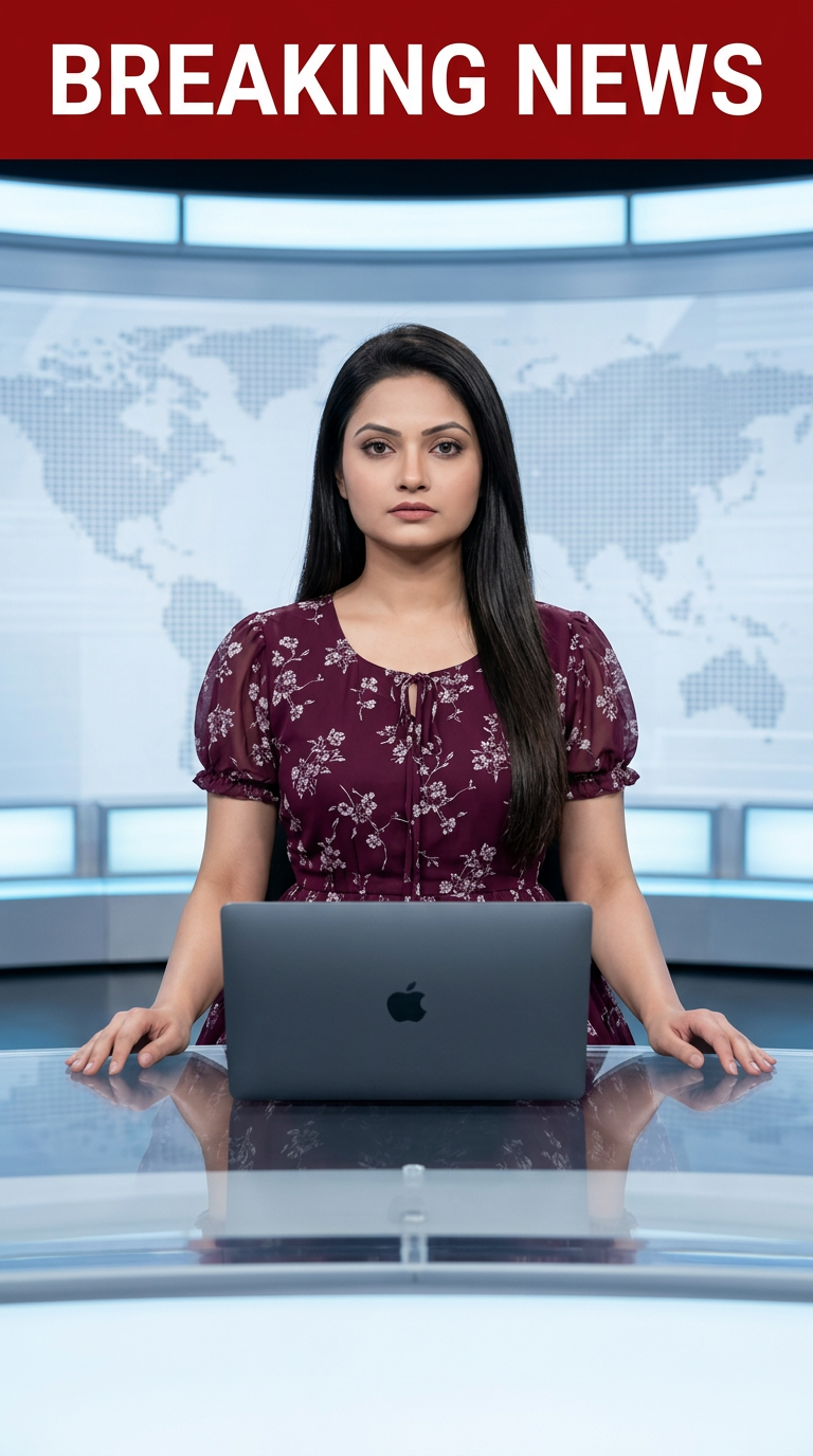 AI Design for Ultra-realistic Indian female news anchor sitting in a modern high-tech television news studio, professional navy blue blazer with white shirt, confident serious expression, looking directly at camera, glossy news desk with laptop, dramatic BREAKING NEWS panel on right side, bold red and black broadcast graphics, LED newsroom lighting, futuristic digital world map background, cinematic lighting, photorealistic skin details, television broadcast quality, Indian news channel aesthetic, breaking news headline in Hindi, large typography, premium newsroom environment, reflections on desk surface, sharp focus, depth of field, highly detailed, 8K, professional journalism, vertical composition. Headline Text: BREAKING NEWS Style: TV news broadcast, photorealistic, ultra detailed, cinematic, HDR, realistic newsroom, professional reporter, news channel graphics, red glowing accents, clean typography, modern media studio. Aspect Ratio: 9:16 (Instagram Reel) Camera: Medium shot, eye-level angle Lighting: Studio broadcast lighting, soft key light, rim light Quality: 8K, ultra realistic, sharp focus, photorealistic No watermark, no logo, no distorted text, no extra fingers, no blur cloth color: dark rednot any text & with laptop
not any wear ornaments, remove earings
remove hindi text
Straight body, straight face and straight hair
not any dot on face
not any hindi text in break news headline
must be breaking news headline on top center