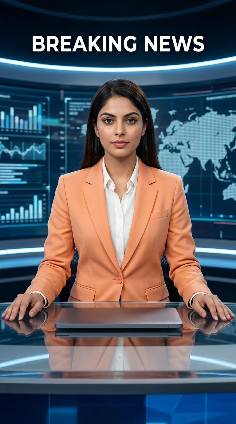AI Design for Ultra-realistic Indian female news anchor sitting in a modern high-tech television news studio, professional navy blue blazer with white shirt, confident serious expression, looking directly at camera, glossy news desk with laptop, dramatic BREAKING NEWS panel on right side, bold red and black broadcast graphics, LED newsroom lighting, futuristic digital world map background, cinematic lighting, photorealistic skin details, television broadcast quality, Indian news channel aesthetic, breaking news headline in Hindi, large typography, premium newsroom environment, reflections on desk surface, sharp focus, depth of field, highly detailed, 8K, professional journalism, vertical composition. Headline Text: BREAKING NEWS Style: TV news broadcast, photorealistic, ultra detailed, cinematic, HDR, realistic newsroom, professional reporter, news channel graphics, red glowing accents, clean typography, modern media studio. Aspect Ratio: 9:16 (Instagram Reel) Camera: Medium shot, eye-level angle Lighting: Studio broadcast lighting, soft key light, rim light Quality: 8K, ultra realistic, sharp focus, photorealistic No watermark, no logo, no distorted text, no extra fingers, no blur cloth color: light orange
not any text & with laptop
not any wear ornaments, remove earings
remove hindi text
Straight body, straight face and straight hair
not any dot on face
not any hindi text in break news headline
must be breaking news headline on top center