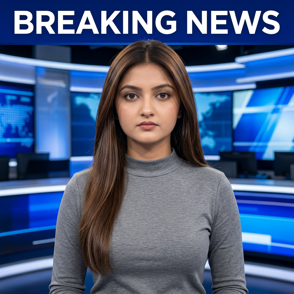 AI Design for Ultra-realistic Indian female news anchor sitting in a modern high-tech television news studio, professional navy blue blazer with white shirt, confident serious expression, looking directly at camera, glossy news desk with laptop, dramatic BREAKING NEWS panel on right side, bold red and black broadcast graphics, LED newsroom lighting, futuristic digital world map background, cinematic lighting, photorealistic skin details, television broadcast quality, Indian news channel aesthetic, breaking news headline in Hindi, large typography, premium newsroom environment, reflections on desk surface, sharp focus, depth of field, highly detailed, 8K, professional journalism, vertical composition. Headline Text: BREAKING NEWS Style: TV news broadcast, photorealistic, ultra detailed, cinematic, HDR, realistic newsroom, professional reporter, news channel graphics, red glowing accents, clean typography, modern media studio. Aspect Ratio: 9:16 (Instagram Reel) Camera: Medium shot, eye-level angle Lighting: Studio broadcast lighting, soft key light, rim light Quality: 8K, ultra realistic, sharp focus, photorealistic No watermark, no logo, no distorted text, no extra fingers, no blur cloth color:grey
not any wear ornaments, remove earings
remove hindi text
Straight body, straight face and straight hair
not any dot on face
not any hindi text in break news headline
must be breaking news headline on top center