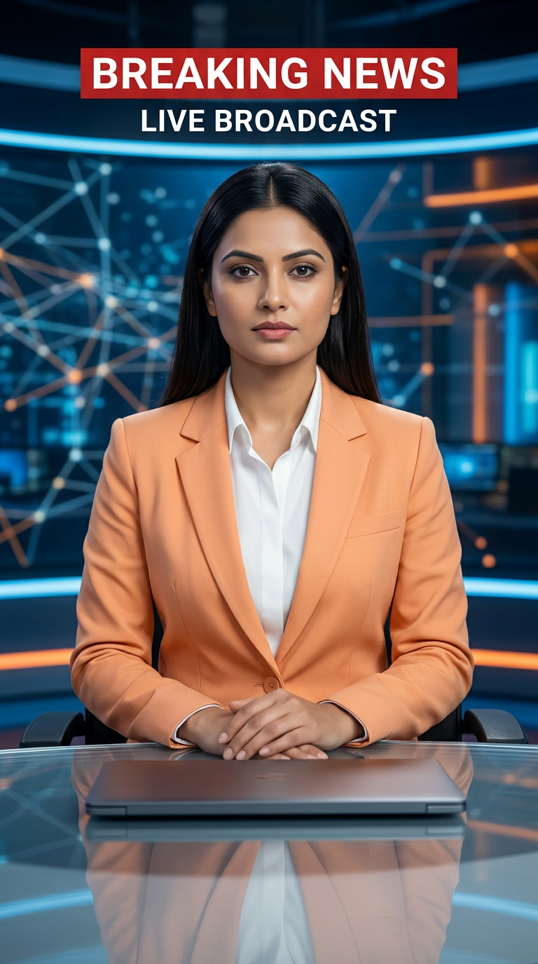 AI Design for Ultra-realistic Indian female news anchor sitting in a modern high-tech television news studio, professional navy blue blazer with white shirt, confident serious expression, looking directly at camera, glossy news desk with laptop, dramatic BREAKING NEWS panel on right side, bold red and black broadcast graphics, LED newsroom lighting, futuristic digital world map background, cinematic lighting, photorealistic skin details, television broadcast quality, Indian news channel aesthetic, breaking news headline in Hindi, large typography, premium newsroom environment, reflections on desk surface, sharp focus, depth of field, highly detailed, 8K, professional journalism, vertical composition. Headline Text: BREAKING NEWS Style: TV news broadcast, photorealistic, ultra detailed, cinematic, HDR, realistic newsroom, professional reporter, news channel graphics, red glowing accents, clean typography, modern media studio. Aspect Ratio: 9:16 (Instagram Reel) Camera: Medium shot, eye-level angle Lighting: Studio broadcast lighting, soft key light, rim light Quality: 8K, ultra realistic, sharp focus, photorealistic No watermark, no logo, no distorted text, no extra fingers, no blur cloth color: light orange
not any text & with laptop
not any wear ornaments, remove earings
remove hindi text
Straight body, straight face and straight hair
not any dot on face
not any hindi text in break news headline
must be breaking news headline on top center