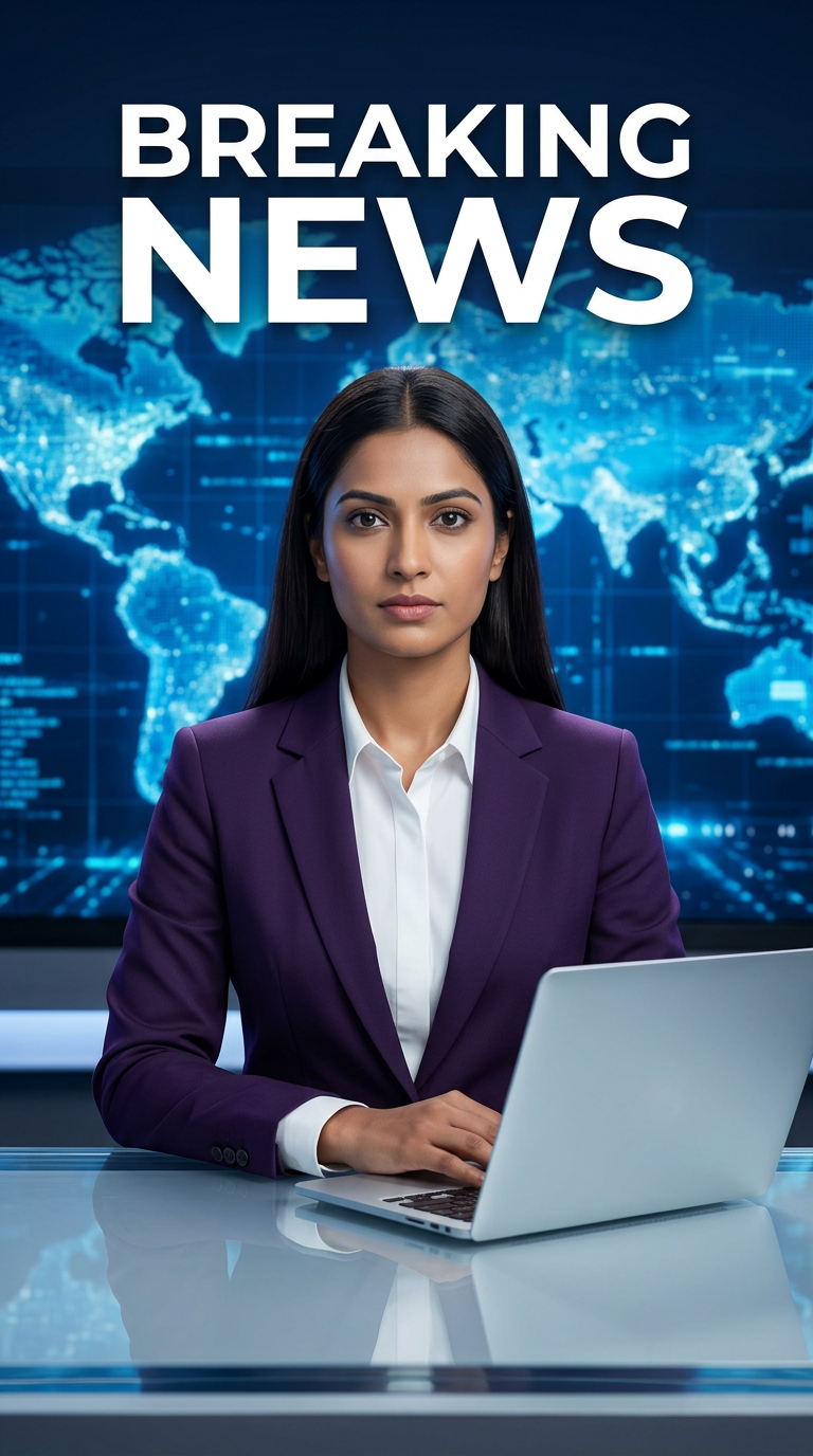 AI Design for Ultra-realistic Indian female news anchor sitting in a modern high-tech television news studio, professional navy blue blazer with white shirt, confident serious expression, looking directly at camera, glossy news desk with laptop, dramatic BREAKING NEWS panel on right side, bold red and black broadcast graphics, LED newsroom lighting, futuristic digital world map background, cinematic lighting, photorealistic skin details, television broadcast quality, Indian news channel aesthetic, breaking news headline in Hindi, large typography, premium newsroom environment, reflections on desk surface, sharp focus, depth of field, highly detailed, 8K, professional journalism, vertical composition. Headline Text: BREAKING NEWS Style: TV news broadcast, photorealistic, ultra detailed, cinematic, HDR, realistic newsroom, professional reporter, news channel graphics, red glowing accents, clean typography, modern media studio. Aspect Ratio: 9:16 (Instagram Reel) Camera: Medium shot, eye-level angle Lighting: Studio broadcast lighting, soft key light, rim light Quality: 8K, ultra realistic, sharp focus, photorealistic No watermark, no logo, no distorted text, no extra fingers, no blur cloth color:RebeccaPurple
not any shadow with laptop
not any wear ornaments, remove earings
remove hindi text
Straight body, straight face and straight hair
not any dot on face
not any hindi text in break news headline
must be breaking news headline on top center