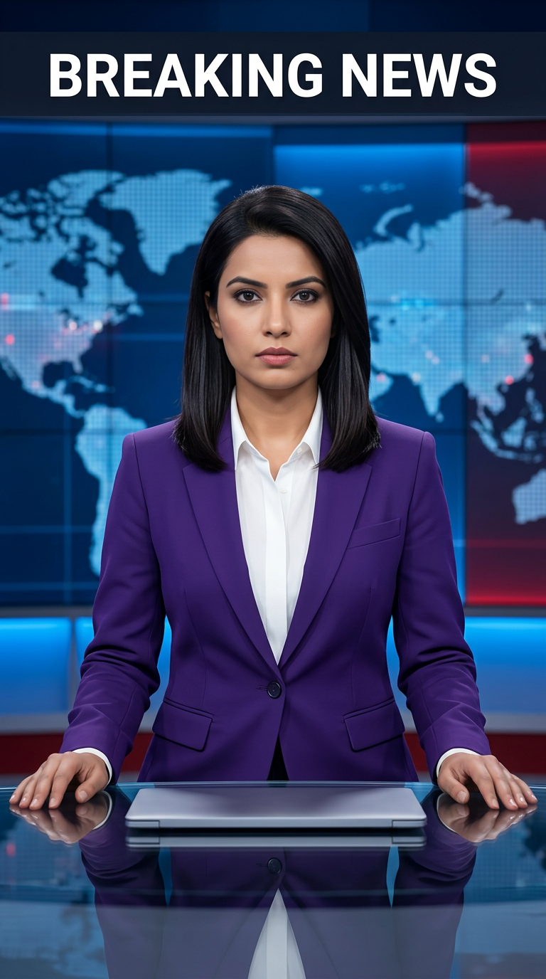 AI Design for Ultra-realistic Indian female news anchor sitting in a modern high-tech television news studio, professional navy blue blazer with white shirt, confident serious expression, looking directly at camera, glossy news desk with laptop, dramatic BREAKING NEWS panel on right side, bold red and black broadcast graphics, LED newsroom lighting, futuristic digital world map background, cinematic lighting, photorealistic skin details, television broadcast quality, Indian news channel aesthetic, breaking news headline in Hindi, large typography, premium newsroom environment, reflections on desk surface, sharp focus, depth of field, highly detailed, 8K, professional journalism, vertical composition. Headline Text: BREAKING NEWS Style: TV news broadcast, photorealistic, ultra detailed, cinematic, HDR, realistic newsroom, professional reporter, news channel graphics, red glowing accents, clean typography, modern media studio. Aspect Ratio: 9:16 (Instagram Reel) Camera: Medium shot, eye-level angle Lighting: Studio broadcast lighting, soft key light, rim light Quality: 8K, ultra realistic, sharp focus, photorealistic No watermark, no logo, no distorted text, no extra fingers, no blur cloth color:RebeccaPurple
not any shadow with laptop
not any wear ornaments, remove earings
remove hindi text
Straight body, straight face and straight hair
not any dot on face
not any hindi text in break news headline
must be breaking news headline on top center