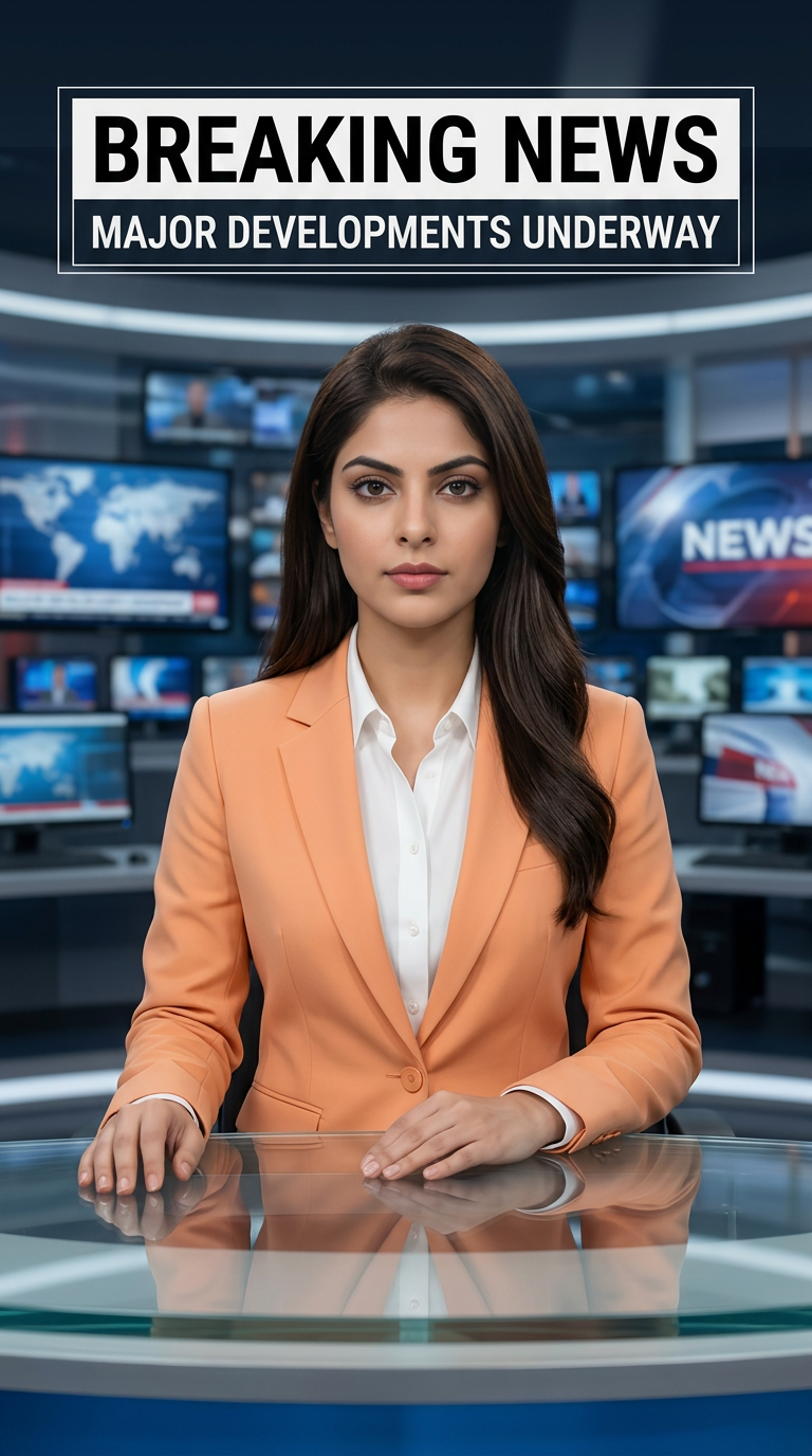 AI Design for Ultra-realistic Indian female news anchor sitting in a modern high-tech television news studio, professional navy blue blazer with white shirt, confident serious expression, looking directly at camera, glossy news desk with laptop, dramatic BREAKING NEWS panel on right side, bold red and black broadcast graphics, LED newsroom lighting, futuristic digital world map background, cinematic lighting, photorealistic skin details, television broadcast quality, Indian news channel aesthetic, breaking news headline in Hindi, large typography, premium newsroom environment, reflections on desk surface, sharp focus, depth of field, highly detailed, 8K, professional journalism, vertical composition. Headline Text: BREAKING NEWS Style: TV news broadcast, photorealistic, ultra detailed, cinematic, HDR, realistic newsroom, professional reporter, news channel graphics, red glowing accents, clean typography, modern media studio. Aspect Ratio: 9:16 (Instagram Reel) Camera: Medium shot, eye-level angle Lighting: Studio broadcast lighting, soft key light, rim light Quality: 8K, ultra realistic, sharp focus, photorealistic No watermark, no logo, no distorted text, no extra fingers, no blur cloth color: light orange
not any shadow with laptop
not any wear ornaments, remove earings
remove hindi text
Straight body, straight face and straight hair
not any dot on face
not any hindi text in break news headline
must be breaking news headline on top center