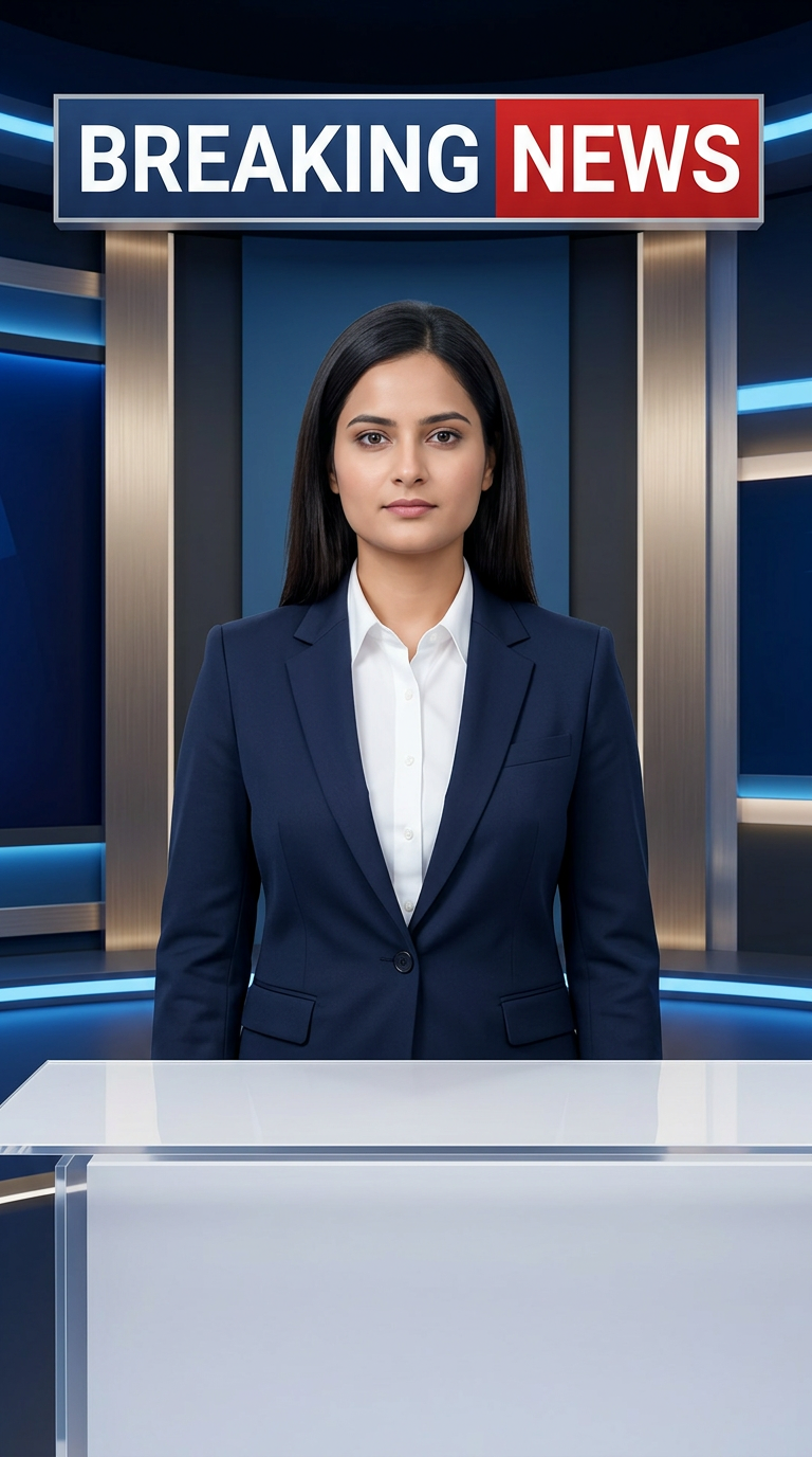 AI Design for Ultra-realistic Indian female news anchor sitting in a modern high-tech television news studio, professional navy blue blazer with white shirt, confident serious expression, looking directly at camera, glossy news desk with laptop, dramatic BREAKING NEWS panel on right side, bold red and black broadcast graphics, LED newsroom lighting, futuristic digital world map background, cinematic lighting, photorealistic skin details, television broadcast quality, Indian news channel aesthetic, breaking news headline in Hindi, large typography, premium newsroom environment, reflections on desk surface, sharp focus, depth of field, highly detailed, 8K, professional journalism, vertical composition. Headline Text: BREAKING NEWS Style: TV news broadcast, photorealistic, ultra detailed, cinematic, HDR, realistic newsroom, professional reporter, news channel graphics, red glowing accents, clean typography, modern media studio. Aspect Ratio: 9:16 (Instagram Reel) Camera: Medium shot, eye-level angle Lighting: Studio broadcast lighting, soft key light, rim light Quality: 8K, ultra realistic, sharp focus, photorealistic No watermark, no logo, no distorted text, no extra fingers, no blur cloth color: skin
not any headline
not any text & with laptop
not any wear ornaments, remove earings
remove hindi text
Straight body, straight face and straight hair
not any dot on face
not any hindi text in break news headline
must be breaking news headline on top center