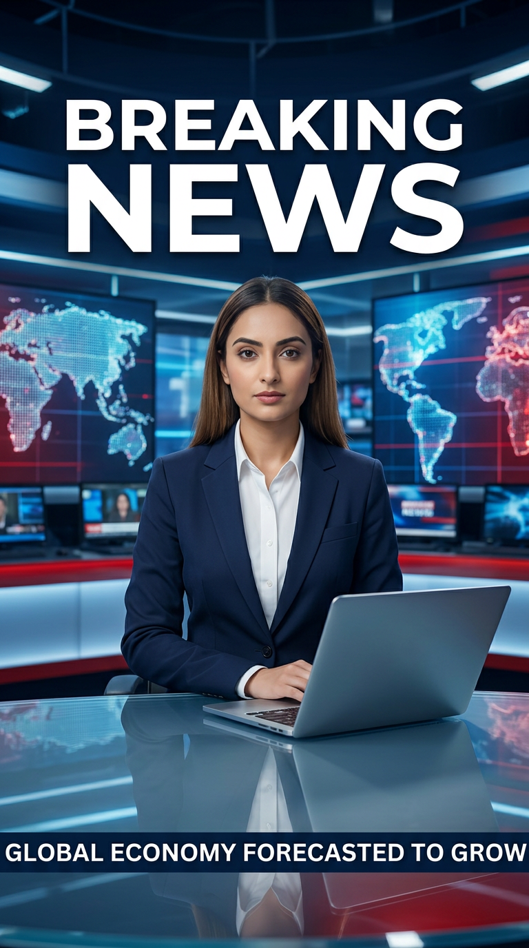 AI Design for Ultra-realistic Indian female news anchor sitting in a modern high-tech television news studio, professional navy blue blazer with white shirt, confident serious expression, looking directly at camera, glossy news desk with laptop, dramatic BREAKING NEWS panel on right side, bold red and black broadcast graphics, LED newsroom lighting, futuristic digital world map background, cinematic lighting, photorealistic skin details, television broadcast quality, Indian news channel aesthetic, breaking news headline in Hindi, large typography, premium newsroom environment, reflections on desk surface, sharp focus, depth of field, highly detailed, 8K, professional journalism, vertical composition. Headline Text: BREAKING NEWS Style: TV news broadcast, photorealistic, ultra detailed, cinematic, HDR, realistic newsroom, professional reporter, news channel graphics, red glowing accents, clean typography, modern media studio. Aspect Ratio: 9:16 (Instagram Reel) Camera: Medium shot, eye-level angle Lighting: Studio broadcast lighting, soft key light, rim light Quality: 8K, ultra realistic, sharp focus, photorealistic No watermark, no logo, no distorted text, no extra fingers, no blur cloth color: dark blue
not any text & with laptop
not any wear ornaments, remove earings
remove hindi text
Straight body, straight face and straight hair
not any dot on face
not any hindi text in break news headline
must be breaking news headline on top center