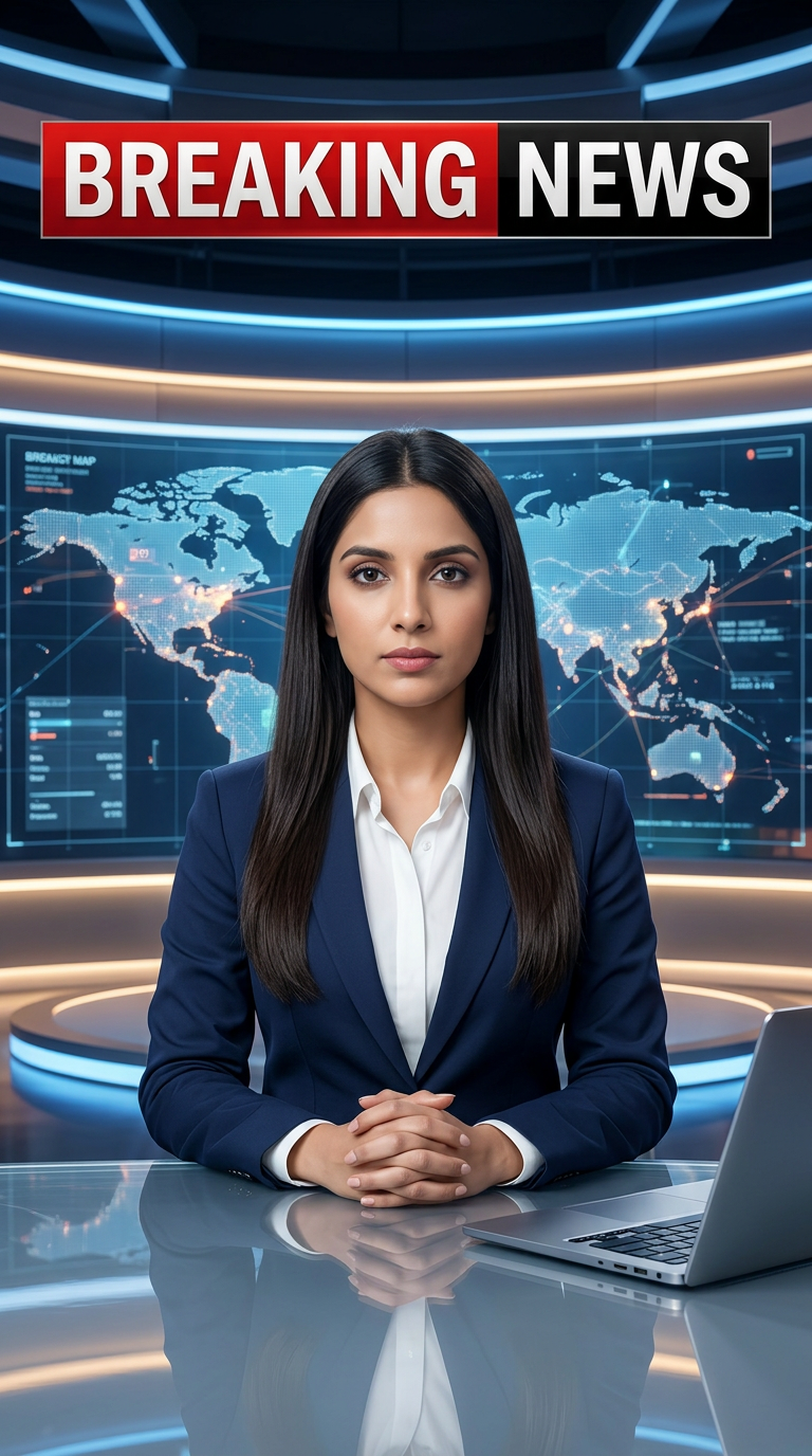 AI Design for Ultra-realistic Indian female news anchor sitting in a modern high-tech television news studio, professional navy blue blazer with white shirt, confident serious expression, looking directly at camera, glossy news desk with laptop, dramatic BREAKING NEWS panel on right side, bold red and black broadcast graphics, LED newsroom lighting, futuristic digital world map background, cinematic lighting, photorealistic skin details, television broadcast quality, Indian news channel aesthetic, breaking news headline in Hindi, large typography, premium newsroom environment, reflections on desk surface, sharp focus, depth of field, highly detailed, 8K, professional journalism, vertical composition. Headline Text: BREAKING NEWS Style: TV news broadcast, photorealistic, ultra detailed, cinematic, HDR, realistic newsroom, professional reporter, news channel graphics, red glowing accents, clean typography, modern media studio. Aspect Ratio: 9:16 (Instagram Reel) Camera: Medium shot, eye-level angle Lighting: Studio broadcast lighting, soft key light, rim light Quality: 8K, ultra realistic, sharp focus, photorealistic No watermark, no logo, no distorted text, no extra fingers, no blur cloth color: black
not any headline
not any text & with laptop
not any wear ornaments, remove earings
remove hindi text
Straight body, straight face and straight hair
not any dot on face
not any hindi text in break news headline
must be breaking news headline on top center