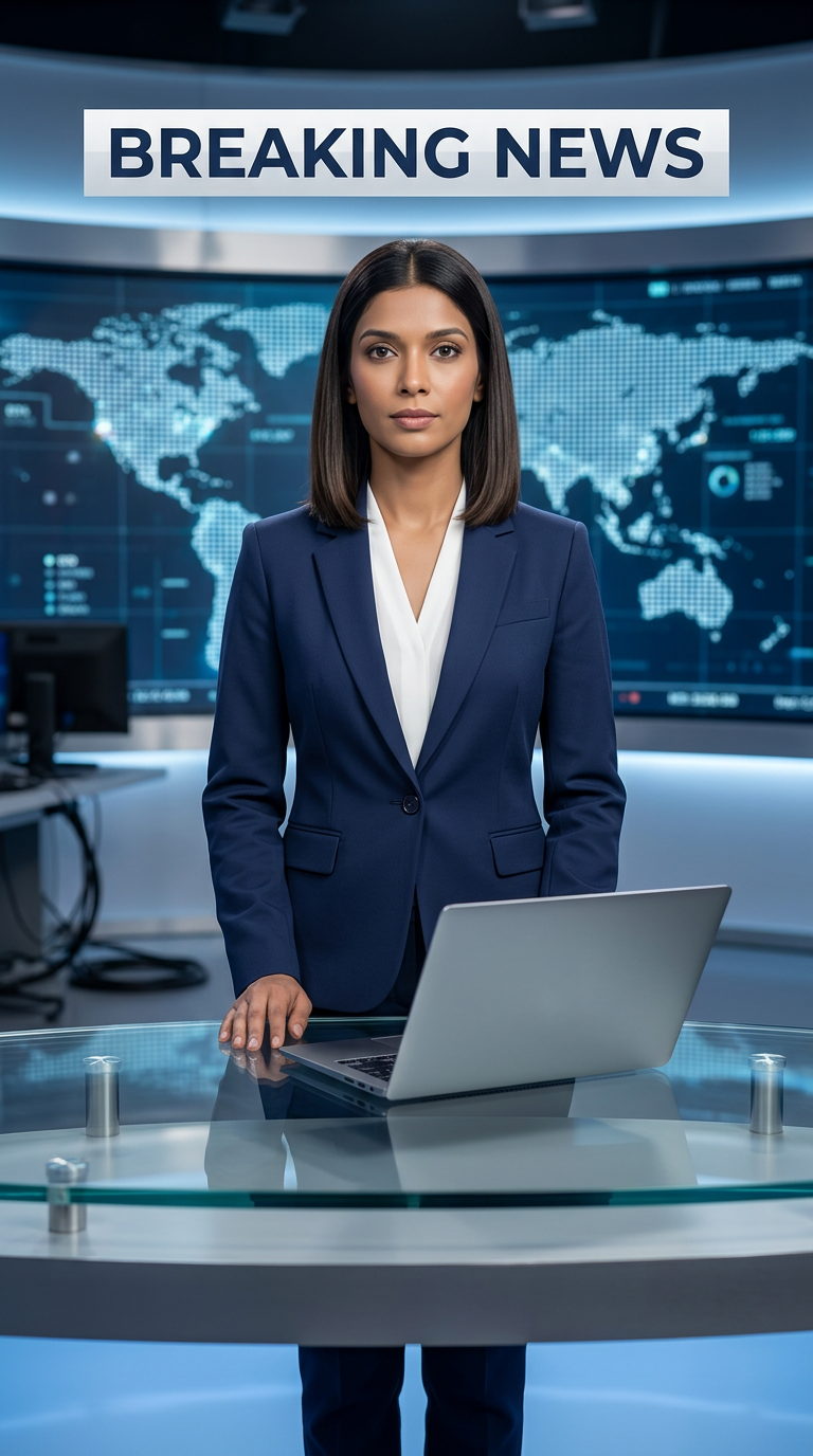AI Design for Ultra-realistic Indian female news anchor sitting in a modern high-tech television news studio, professional navy blue blazer with white shirt, confident serious expression, looking directly at camera, glossy news desk with laptop, dramatic BREAKING NEWS panel on right side, bold red and black broadcast graphics, LED newsroom lighting, futuristic digital world map background, cinematic lighting, photorealistic skin details, television broadcast quality, Indian news channel aesthetic, breaking news headline in Hindi, large typography, premium newsroom environment, reflections on desk surface, sharp focus, depth of field, highly detailed, 8K, professional journalism, vertical composition. Headline Text: BREAKING NEWS Style: TV news broadcast, photorealistic, ultra detailed, cinematic, HDR, realistic newsroom, professional reporter, news channel graphics, red glowing accents, clean typography, modern media studio. Aspect Ratio: 9:16 (Instagram Reel) Camera: Medium shot, eye-level angle Lighting: Studio broadcast lighting, soft key light, rim light Quality: 8K, ultra realistic, sharp focus, photorealistic No watermark, no logo, no distorted text, no extra fingers, no blur cloth color: dark blue coat and sitting on chair
not any text & with laptop
not any wear ornaments, remove earings
remove hindi text
Straight body, straight face and straight hair
not any dot on face
not any hindi text in break news headline
must be breaking news headline on top center
