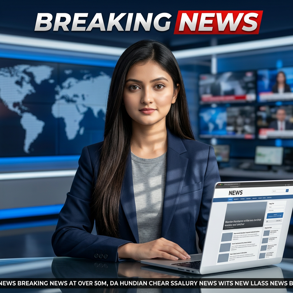 AI Design for Ultra-realistic Indian female news anchor sitting in a modern high-tech television news studio, professional navy blue blazer with white shirt, confident serious expression, looking directly at camera, glossy news desk with laptop, dramatic BREAKING NEWS panel on right side, bold red and black broadcast graphics, LED newsroom lighting, futuristic digital world map background, cinematic lighting, photorealistic skin details, television broadcast quality, Indian news channel aesthetic, breaking news headline in Hindi, large typography, premium newsroom environment, reflections on desk surface, sharp focus, depth of field, highly detailed, 8K, professional journalism, vertical composition. Headline Text: BREAKING NEWS Style: TV news broadcast, photorealistic, ultra detailed, cinematic, HDR, realistic newsroom, professional reporter, news channel graphics, red glowing accents, clean typography, modern media studio. Aspect Ratio: 9:16 (Instagram Reel) Camera: Medium shot, eye-level angle Lighting: Studio broadcast lighting, soft key light, rim light Quality: 8K, ultra realistic, sharp focus, photorealistic No watermark, no logo, no distorted text, no extra fingers, no blur cloth color:grey
with laptop
not any wear ornaments, remove earings
remove hindi text
Straight body, straight face and straight hair
not any dot on face
not any hindi text in break news headline
must be breaking news headline on top center