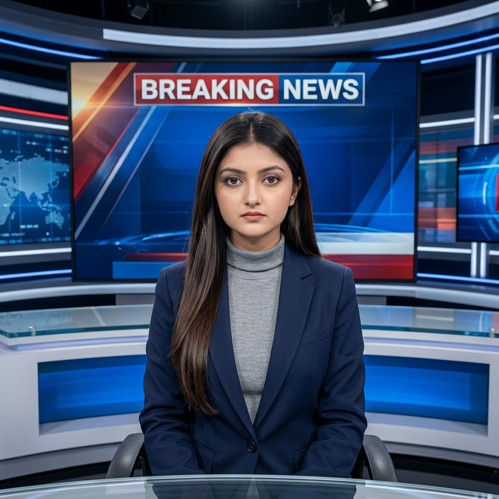 AI Design for Ultra-realistic Indian female news anchor sitting in a modern high-tech television news studio, professional navy blue blazer with white shirt, confident serious expression, looking directly at camera, glossy news desk with laptop, dramatic BREAKING NEWS panel on right side, bold red and black broadcast graphics, LED newsroom lighting, futuristic digital world map background, cinematic lighting, photorealistic skin details, television broadcast quality, Indian news channel aesthetic, breaking news headline in Hindi, large typography, premium newsroom environment, reflections on desk surface, sharp focus, depth of field, highly detailed, 8K, professional journalism, vertical composition. Headline Text: BREAKING NEWS Style: TV news broadcast, photorealistic, ultra detailed, cinematic, HDR, realistic newsroom, professional reporter, news channel graphics, red glowing accents, clean typography, modern media studio. Aspect Ratio: 9:16 (Instagram Reel) Camera: Medium shot, eye-level angle Lighting: Studio broadcast lighting, soft key light, rim light Quality: 8K, ultra realistic, sharp focus, photorealistic No watermark, no logo, no distorted text, no extra fingers, no blur cloth color:grey
not any wear ornaments, remove earings
remove hindi text
Straight body, straight face and straight hair
not any dot on face
not any hindi text in break news headline
must be breaking news headline on top center