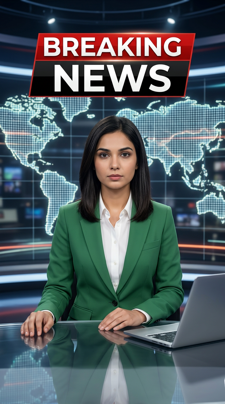 AI Design for Ultra-realistic Indian female news anchor sitting in a modern high-tech television news studio, professional navy blue blazer with white shirt, confident serious expression, looking directly at camera, glossy news desk with laptop, dramatic BREAKING NEWS panel on right side, bold red and black broadcast graphics, LED newsroom lighting, futuristic digital world map background, cinematic lighting, photorealistic skin details, television broadcast quality, Indian news channel aesthetic, breaking news headline in Hindi, large typography, premium newsroom environment, reflections on desk surface, sharp focus, depth of field, highly detailed, 8K, professional journalism, vertical composition. Headline Text: BREAKING NEWS Style: TV news broadcast, photorealistic, ultra detailed, cinematic, HDR, realistic newsroom, professional reporter, news channel graphics, red glowing accents, clean typography, modern media studio. Aspect Ratio: 9:16 (Instagram Reel) Camera: Medium shot, eye-level angle Lighting: Studio broadcast lighting, soft key light, rim light Quality: 8K, ultra realistic, sharp focus, photorealistic No watermark, no logo, no distorted text, no extra fingers, no blur cloth color: green
not any text & with laptop
not any wear ornaments, remove earings
remove hindi text
Straight body, straight face and straight hair
not any dot on face
not any hindi text in break news headline
must be breaking news headline on top center