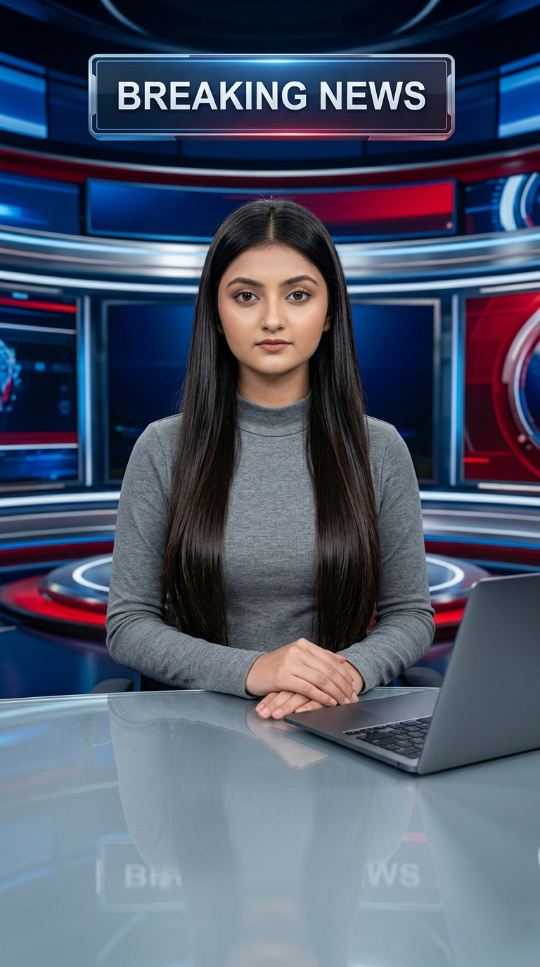 AI Design for Ultra-realistic Indian female news anchor sitting in a modern high-tech television news studio, professional navy blue blazer with white shirt, confident serious expression, looking directly at camera, glossy news desk with laptop, dramatic BREAKING NEWS panel on right side, bold red and black broadcast graphics, LED newsroom lighting, futuristic digital world map background, cinematic lighting, photorealistic skin details, television broadcast quality, Indian news channel aesthetic, breaking news headline in Hindi, large typography, premium newsroom environment, reflections on desk surface, sharp focus, depth of field, highly detailed, 8K, professional journalism, vertical composition. Headline Text: BREAKING NEWS Style: TV news broadcast, photorealistic, ultra detailed, cinematic, HDR, realistic newsroom, professional reporter, news channel graphics, red glowing accents, clean typography, modern media studio. Aspect Ratio: 9:16 (Instagram Reel) Camera: Medium shot, eye-level angle Lighting: Studio broadcast lighting, soft key light, rim light Quality: 8K, ultra realistic, sharp focus, photorealistic No watermark, no logo, no distorted text, no extra fingers, no blur cloth color:grey
not any shadow with laptop
not any wear ornaments, remove earings
remove hindi text
Straight body, straight face and straight hair
not any dot on face
not any hindi text in break news headline
must be breaking news headline on top center