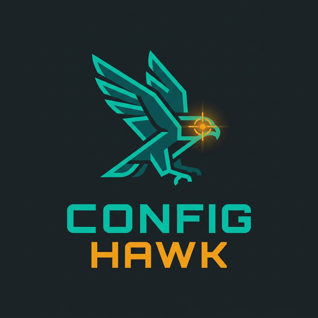 AI Design for Minimalist tech logo for a cybersecurity SaaS product called ConfigHawk. A sleek geometric hawk in flight, one eye replaced with a glowing amber scanning reticle/crosshair. Color palette: deep teal (#00E5CC) for the hawk body, amber (#F59E0B) for the eye and accent details, dark background. Bold monospace font text: 'CONFIG' in teal, 'HAWK' in amber below it. Cyberpunk aesthetic, flat vector style, clean lines, no gradients. Professional B2B SaaS logo.