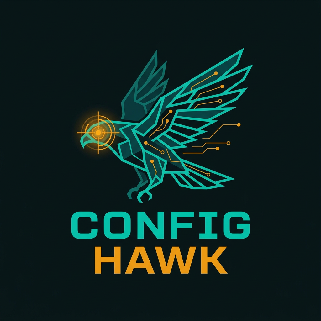 AI Design for Minimalist tech logo for a cybersecurity SaaS product called ConfigHawk. A sleek geometric hawk in flight, one eye replaced with a glowing amber scanning reticle/crosshair. Color palette: deep teal (#00E5CC) for the hawk body, amber (#F59E0B) for the eye and accent details, dark background. Bold monospace font text: 'CONFIG' in teal, 'HAWK' in amber below it. Cyberpunk aesthetic, flat vector style, clean lines, no gradients. Professional B2B SaaS logo.