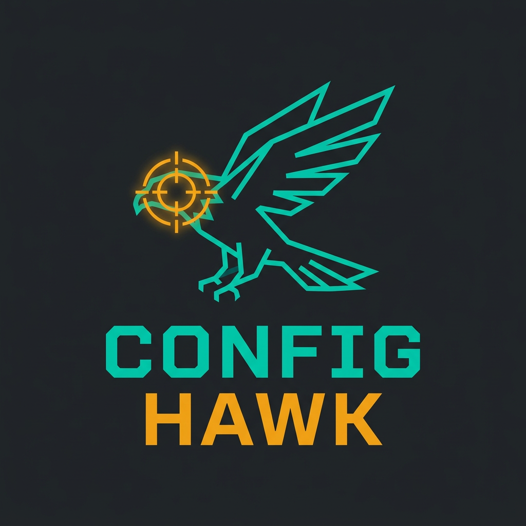 AI Design for Minimalist tech logo for a cybersecurity SaaS product called ConfigHawk. A sleek geometric hawk in flight, one eye replaced with a glowing amber scanning reticle/crosshair. Color palette: deep teal (#00E5CC) for the hawk body, amber (#F59E0B) for the eye and accent details, dark background. Bold monospace font text: 'CONFIG' in teal, 'HAWK' in amber below it. Cyberpunk aesthetic, flat vector style, clean lines, no gradients. Professional B2B SaaS logo.