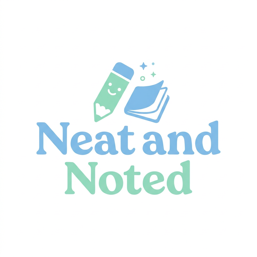 AI Design for you aregoing so greate, but can we keep little minimal A professional and friendly logo for an educational brand named Neat and Noted, featuring a clean, modern aesthetic with soft pastel colors like mint green and sky blue. The design incorporates playful, kid-friendly elements such as a stylized pencil or a notebook icon, using rounded, readable typography that appeals to elementary school children in grades 1-4. The composition is balanced and vector-style, set against a crisp white background to ensure clarity and versatility for printable worksheets.
more same having liitle bit kids elemnets