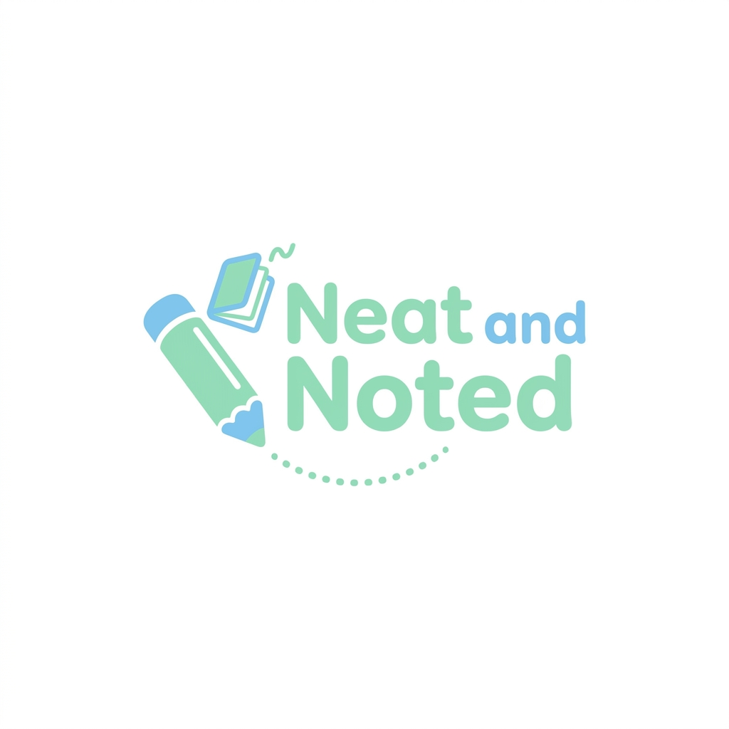 AI Design for you aregoing so greate, but can we keep little minimal A professional and friendly logo for an educational brand named Neat and Noted, featuring a clean, modern aesthetic with soft pastel colors like mint green and sky blue. The design incorporates playful, kid-friendly elements such as a stylized pencil or a notebook icon, using rounded, readable typography that appeals to elementary school children in grades 1-4. The composition is balanced and vector-style, set against a crisp white background to ensure clarity and versatility for printable worksheets.
more same having liitle bit kids elemnets