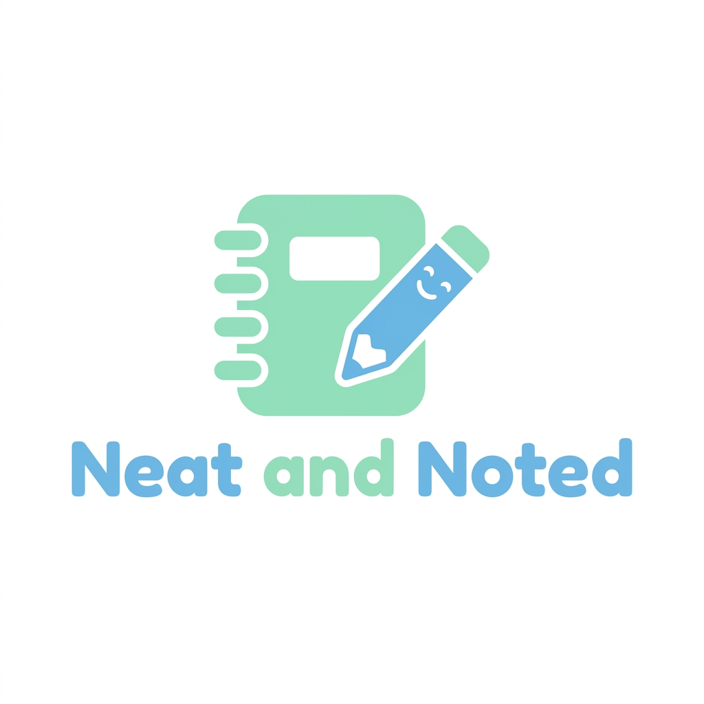 AI Design for you aregoing so greate, but can we keep little minimal A professional and friendly logo for an educational brand named Neat and Noted, featuring a clean, modern aesthetic with soft pastel colors like mint green and sky blue. The design incorporates playful, kid-friendly elements such as a stylized pencil or a notebook icon, using rounded, readable typography that appeals to elementary school children in grades 1-4. The composition is balanced and vector-style, set against a crisp white background to ensure clarity and versatility for printable worksheets.