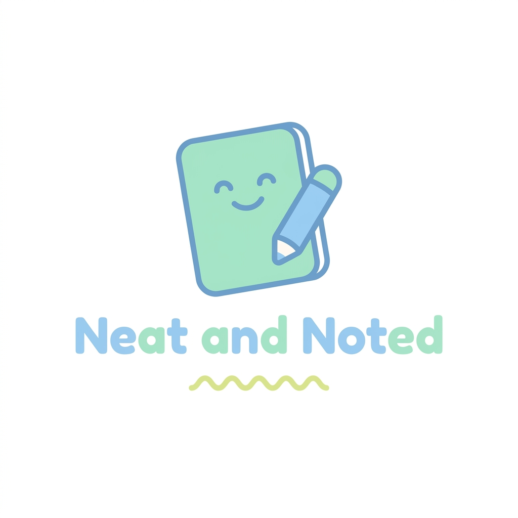 AI Design for you aregoing so greate, but can we keep little minimal A professional and friendly logo for an educational brand named Neat and Noted, featuring a clean, modern aesthetic with soft pastel colors like mint green and sky blue. The design incorporates playful, kid-friendly elements such as a stylized pencil or a notebook icon, using rounded, readable typography that appeals to elementary school children in grades 1-4. The composition is balanced and vector-style, set against a crisp white background to ensure clarity and versatility for printable worksheets.