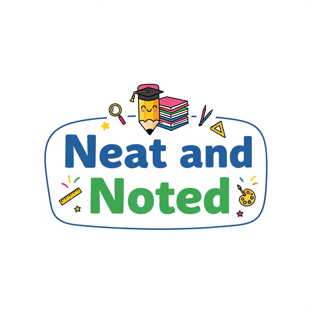 AI Design for my brand name is neat and noted
where i sell printable worksheets for activites for class1-4
so keep kids in mind and create the logo