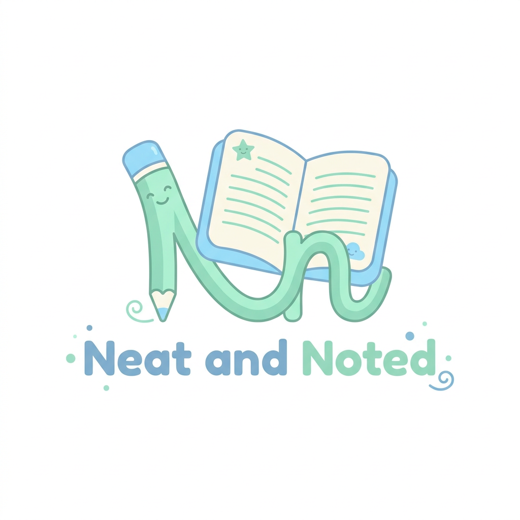 AI Design for you aregoing so greate, but can we keep little minimal A professional and friendly logo for an educational brand named Neat and Noted, featuring a clean, modern aesthetic with soft pastel colors like mint green and sky blue. The design incorporates playful, kid-friendly elements such as a stylized pencil or a notebook icon, using rounded, readable typography that appeals to elementary school children in grades 1-4. The composition is balanced and vector-style, set against a crisp white background to ensure clarity and versatility for printable worksheets.
more same having liitle bit kids elemnets