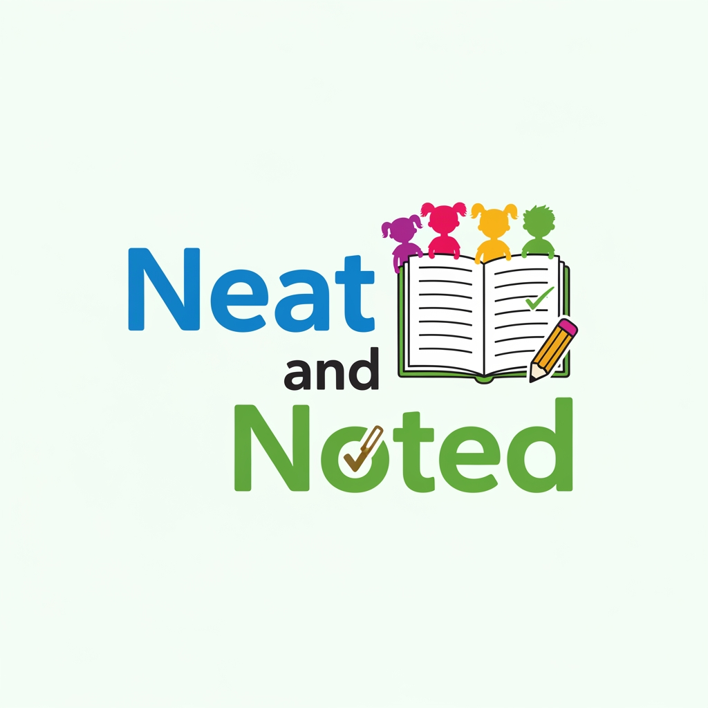 AI Design for my brand name is neat and noted
where i sell printable worksheets for activites for class1-4
so keep kids in mind and create the logo