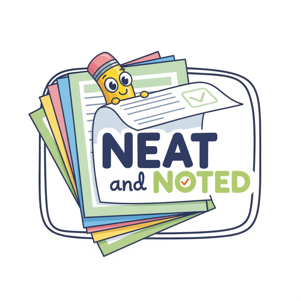 AI Design for my brand name is neat and noted
where i sell printable worksheets for activites for class1-4
so keep kids in mind and create the logo