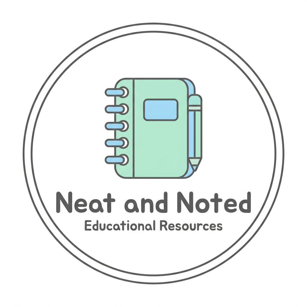 AI Design for you aregoing so greate, but can we keep little minimal A professional and friendly logo for an educational brand named Neat and Noted, featuring a clean, modern aesthetic with soft pastel colors like mint green and sky blue. The design incorporates playful, kid-friendly elements such as a stylized pencil or a notebook icon, using rounded, readable typography that appeals to elementary school children in grades 1-4. The composition is balanced and vector-style, set against a crisp white background to ensure clarity and versatility for printable worksheets.