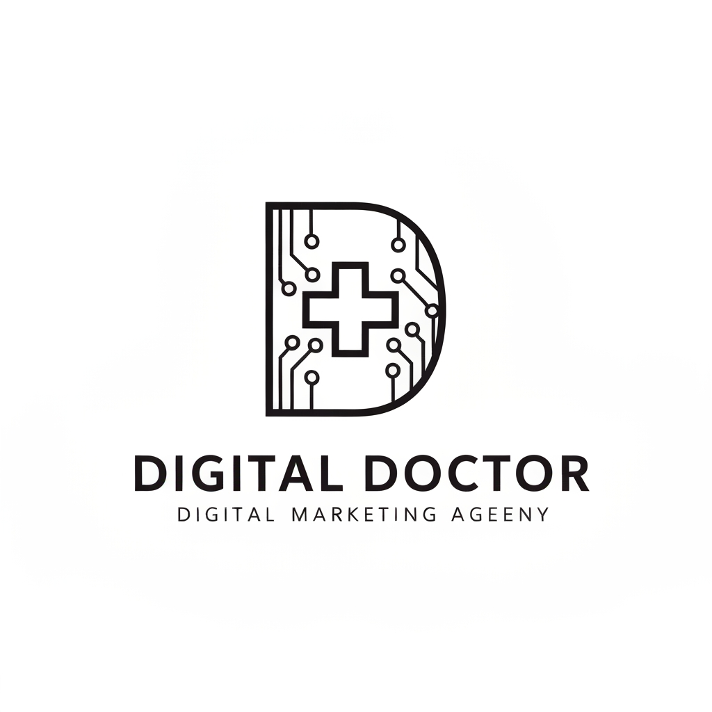 AI Design for Minimalist vector logo design for a digital marketing agency named 'Digital Doctor'. The design creatively merges the letter 'D' with a subtle medical cross and digital circuit board patterns. Clean lines, professional sans-serif aesthetic, high contrast, flat vector style, white background.