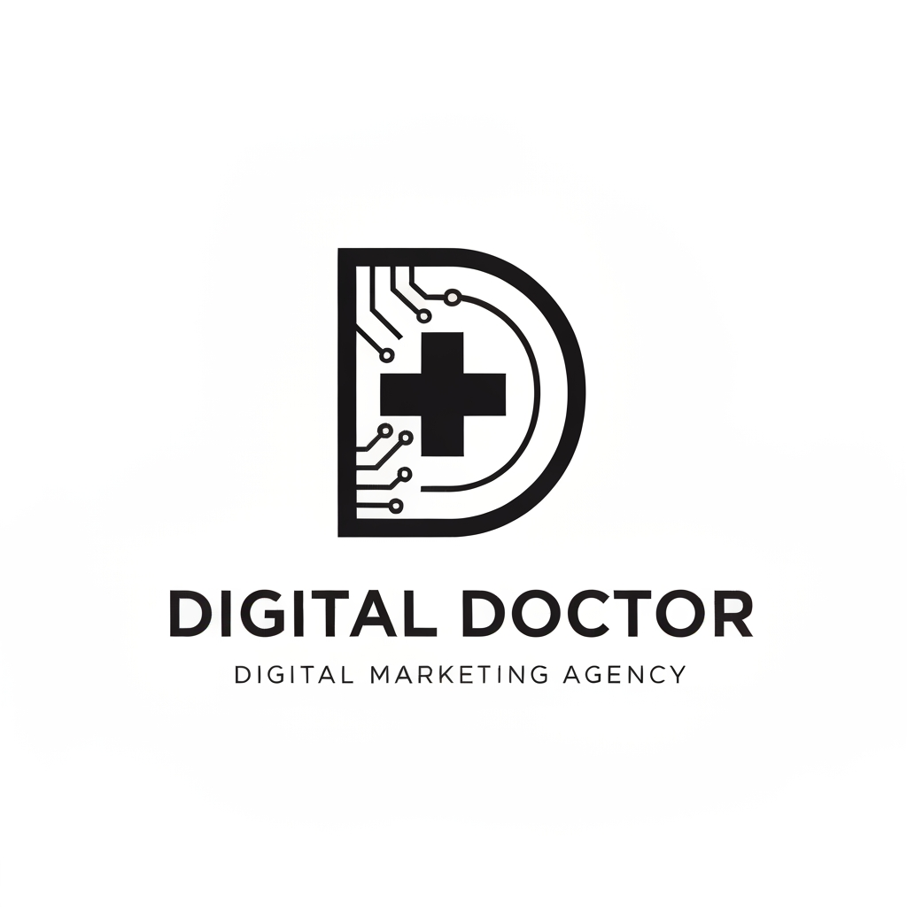 AI Design for Minimalist vector logo design for a digital marketing agency named 'Digital Doctor'. The design creatively merges the letter 'D' with a subtle medical cross and digital circuit board patterns. Clean lines, professional sans-serif aesthetic, high contrast, flat vector style, white background.