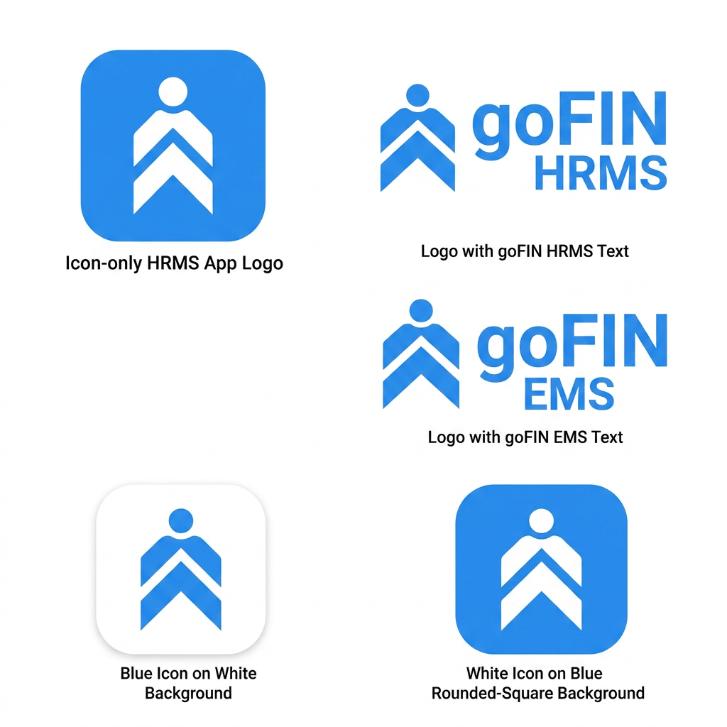 AI Design for Use the uploaded goFIN company logo as the primary visual reference and create a fresh, aesthetic, minimalist logo for a mobile HRMS application.
The new logo should preserve the brand identity of goFIN, especially:
The signature blue brand colour
The upward double-chevron or arrow symbol
The clean, professional, financial-technology appearance
The geometric and modern character of the original logo
Design a simplified app-logo symbol that represents:
Employees and teams
Growth and career progression
Attendance and productivity
People management
Trust, organisation, and professionalism
The logo should combine the goFIN upward-arrow concept with a subtle HR-related element, such as:
A minimal human silhouette
Two or three abstract people
A professional ID-card shape
A checkmark or attendance symbol
An abstract letter H
Keep the design flat, premium, modern, and highly recognisable. Avoid complex illustrations, excessive details, gradients, shadows, 3D effects, and tiny text.
Visual direction
Minimal geometric icon
Rounded but professional edges
Balanced spacing and symmetry
Blue and white colour palette inspired by the uploaded goFIN logo
Optional dark navy accent for contrast
Clean white or transparent background
Suitable for Android and iOS app icons
Clearly visible at small sizes
Centred composition with sufficient internal padding
Create the following variations:
Icon-only HRMS app logo
Logo with the text goFIN HRMS
Logo with the text goFIN EMS
Blue icon on a white background
White icon on a blue rounded-square background
The final design should feel like a natural extension of the goFIN brand—not a completely unrelated logo. It should communicate a modern employee management platform while remaining simple, elegant, trustworthy, and enterprise-ready.
Output requirements: high-resolution vector-style logo, crisp edges, square 1:1 composition, transparent-background version, no mockup, no watermark, and no unrelated decorative elements.