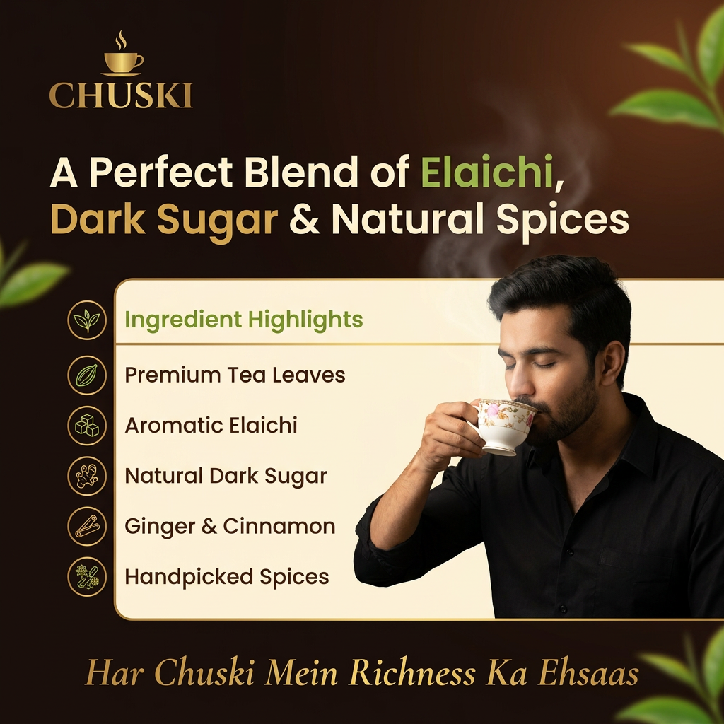 AI Design for For a premium, luxurious, and authentic chai brand, limit yourself to 4–5 core colors and use them consistently. Too many colors reduce the premium feel.
Chuski Premium Color Palette
Element Color Hex Code Usage
Primary Background Deep Espresso Brown #2E1C12 Main poster background
Secondary Background Warm Ivory #F5EFE6 Content sections or highlights
Brand Accent Antique Gold #C9A35A Logo accents, dividers, icons
Freshness Accent Elaichi Green #5E7D3A Ingredient highlights, leaves
Primary Text Soft Cream #F8F4ED Headlines on dark backgrounds
Secondary Text Rich Cocoa #4A3528 Body text on light backgrounds
Poster Element Color Guide
Background
Main Background: #2E1C12
Add a subtle radial gradient:
Center: #4A2C1D
Edges: #1B120D
This creates depth and richness.
Logo
"CHUSKI" Text: #C9A35A
Tea Cup Icon: #D8B46A
Add a subtle gold gradient:
Top: #E0C17A
Bottom: #B8873D
Headline
Example:
"A Perfect Blend of Elaichi, Dark Sugar & Natural Spices"
Text color: #F8F4ED
Highlight words:
Elaichi: #7B9B4A
Dark Sugar: #C9A35A
Body Copy
Color: #D9D0C5
Use 85% opacity for a softer look.
Ingredient Icons
Ingredient Color
Elaichi #5E7D3A
Dark Sugar #8B5A2B
Tea Leaves #355E3B
Cinnamon #9A5A2A
Ginger #C6923F
Use gold outline icons (#C9A35A) for consistency.
Hero Chai Cup
Cup (clay): #8B5A3C
Highlights: #B87A4A
Shadows: #5C3823
Chai color: #C68642
Foam details: #E2B87C
Steam Effect
Use a gradient:
Start: #FFF8F0 at 30% opacity
Fade to transparent
Apply a soft Gaussian blur.
Dividers and Borders
Color: #C9A35A
Opacity: 40%
Thin lines feel more premium than thick borders.
CTA/Footer Strip
Background: #1B120D
Text:
"Har Chuski Mein Richness Ka Ehsaas."
Color: #D8B46A
Luxury Design Rule: 60–30–10
60%: Deep Brown (#2E1C12)
30%: Warm Ivory (#F5EFE6)
10%: Antique Gold (#C9A35A)
Use Elaichi Green (#5E7D3A) sparingly as a freshness accent.
This balance creates a sophisticated, premium tea brand aesthetic without overwhelming the design.
and typography also
For a premium luxury tea brand like Chuski, typography should communicate richness, authenticity, and warmth. Limit yourself to two font families—one for branding and one for all supporting text.
Typography Pairing
1. Logo & Brand Name
Font: Cormorant Garamond SemiBold or Playfair Display Bold
Style: Elegant serif
Feel: Premium, traditional, sophisticated
Settings:
Weight: SemiBold / Bold
Letter Spacing: +2%
Color: #C9A35A (Antique Gold)
2. Headlines
Examples:
A Perfect Blend of Elaichi, Dark Sugar & Natural Spices
Authentic Taste. Luxurious Experience.
Font: Poppins SemiBold or Montserrat SemiBold
Style: Clean sans-serif
Feel: Modern luxury
Settings:
Weight: 600
Line Height: 110–120%
Letter Spacing: -1%
Color: #F8F4ED
Font Size Guide:
A4 Poster: 48–60 pt
Instagram Post: 36–48 pt
3. Highlight Words
Examples:
Elaichi
Dark Sugar
Freshness
Use a contrasting font style.
Font: Cormorant Garamond Italic
Settings:
Weight: Medium
Color: #7B9B4A (Elaichi Green) or #C9A35A (Gold)
Size: 110–120% of surrounding text
4. Body Copy
Example:
"Expertly crafted with premium tea leaves, aromatic elaichi, and natural dark sugar."
Font: Inter Regular or Lato Regular
Settings:
Weight: 400
Line Height: 140–150%
Letter Spacing: 0%
Color: #D9D0C5
Font Size Guide:
A4 Poster: 14–18 pt
Instagram Post: 12–14 pt
5. Ingredient Labels & Icons
Examples:
Premium Tea Leaves
Aromatic Elaichi
Font: Montserrat Medium
Settings:
Weight: 500
Letter Spacing: +4%
Use ALL CAPS for luxury feel
Color: #C9A35A
6. Tagline
Examples:
Har Chuski Mein Richness Ka Ehsaas.
Sip the Tradition, Savor the Luxury.
Font: Cormorant Garamond Italic
Settings:
Weight: Medium Italic
Color: #D8B46A
Letter Spacing: +2%
Typography Hierarchy
Logo: Cormorant Garamond Bold — 64–80 pt
Headline: Poppins SemiBold — 48–60 pt
Subheadline: Poppins Medium — 24–30 pt
Body Copy: Inter Regular — 14–18 pt
Ingredients: Montserrat Medium — 12–14 pt
Tagline: Cormorant Garamond Italic — 20–28 pt
Golden Rules for a Premium Look
Use only two font families consistently.
Maintain generous spacing around text.
Avoid more than three font weights.
Keep text alignment consistent (left-aligned works best).
Use gold sparingly for emphasis.
Let the imagery and whitespace create the luxury feel.
Use only two font families consistently.
For Chuski, using only two font families will make the brand look more premium, consistent, and memorable.
Recommended Font Pairing
1. Cormorant Garamond
Use for:
Logo (CHUSKI)
Taglines
Highlight words like "Elaichi", "Richness", "Freshness"
Why?
It has an elegant, heritage-inspired look that communicates authenticity and luxury.
Weights:
SemiBold (600)
Bold (700)
Italic (for taglines and emphasis)
2. Poppins
Use for:
Headlines
Ingredient list
Body copy
Call-to-action text
Product details
Why?
Its clean, modern appearance balances the traditional feel of Cormorant Garamond.
Weights:
Medium (500)
SemiBold (600)
Regular (400)
Typography System
Element Font Weight Size
Logo Cormorant Garamond Bold 64–80 pt
Main Headline Poppins SemiBold 48–60 pt
Subheadline Poppins Medium 24–30 pt
Body Copy Poppins Regular 14–18 pt
Ingredient Labels Poppins Medium 12–14 pt
Tagline Cormorant Garamond Italic Medium 20–28 pt
Example Usage
Logo:
CHUSKI → Cormorant Garamond Bold
Headline:
A Perfect Blend of Elaichi, Dark Sugar & Natural Spices → Poppins SemiBold
Tagline:
Har Chuski Mein Richness Ka Ehsaas. → Cormorant Garamond Italic
Body Copy:
Crafted with premium tea leaves, aromatic elaichi, and natural dark sugar. → Poppins Regular
Design Rule
Use Cormorant Garamond for emotion and brand personality.
Use Poppins for clarity and readability.
Avoid introducing any third font. Consistency is what creates a premium identity.
create a poster accordint to the promt taking sample as photo attached.