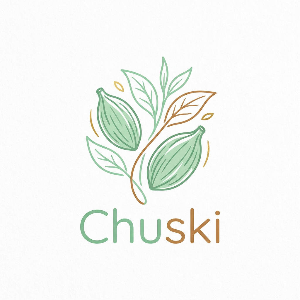 AI Design for A modern, minimalist logo design for a tea brand named Chuski. The visual identity features soft, elegant line art of green cardamom pods and delicate tea leaves, incorporating a color palette of refreshing mint greens, warm earthy tones, and crisp white. The aesthetic should evoke a sense of aromatic freshness and premium quality, set against a clean, uncluttered background perfect for brand recognition.
