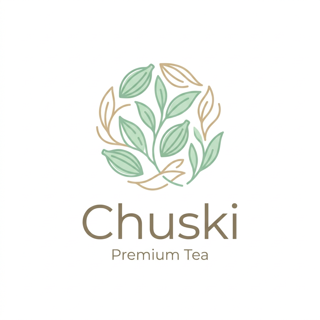 AI Design for A modern, minimalist logo design for a tea brand named Chuski. The visual identity features soft, elegant line art of green cardamom pods and delicate tea leaves, incorporating a color palette of refreshing mint greens, warm earthy tones, and crisp white. The aesthetic should evoke a sense of aromatic freshness and premium quality, set against a clean, uncluttered background perfect for brand recognition.