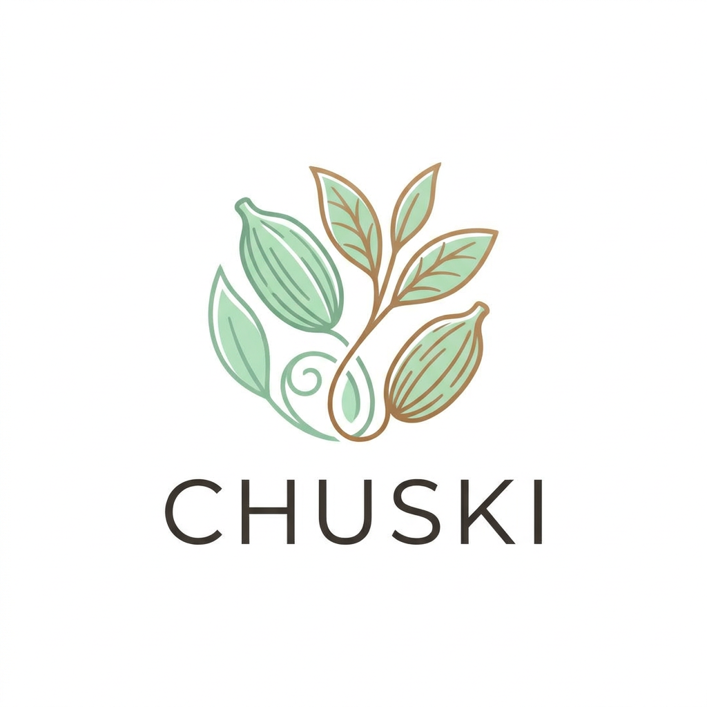 AI Design for A modern, minimalist logo design for a tea brand named Chuski. The visual identity features soft, elegant line art of green cardamom pods and delicate tea leaves, incorporating a color palette of refreshing mint greens, warm earthy tones, and crisp white. The aesthetic should evoke a sense of aromatic freshness and premium quality, set against a clean, uncluttered background perfect for brand recognition.