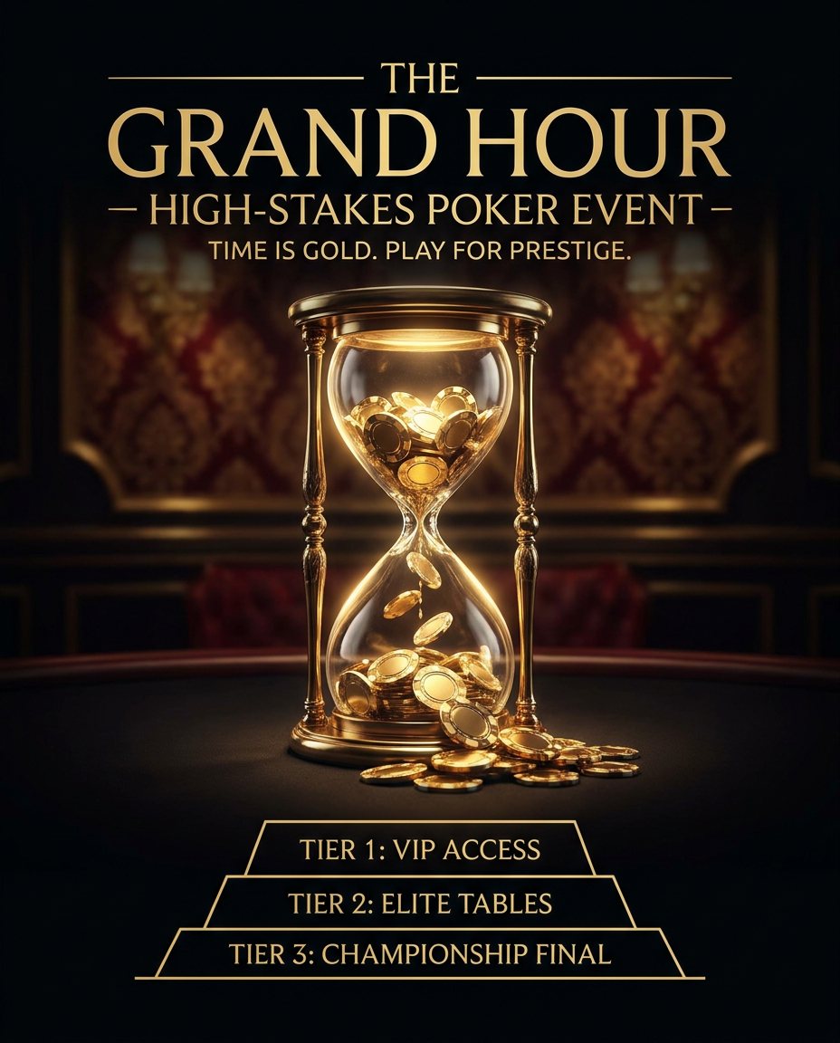 AI Design for A sleek, high-end casino poker poster featuring a glowing, ornate hourglass at the center filled with golden poker chips instead of sand. The composition uses a dramatic chiaroscuro lighting style with deep velvet blacks and vibrant gold accents, creating a sense of urgency and prestige. The layout is clean and professional, designed for high-impact readability with a dark, sophisticated background that highlights the progressive tiers of gameplay.