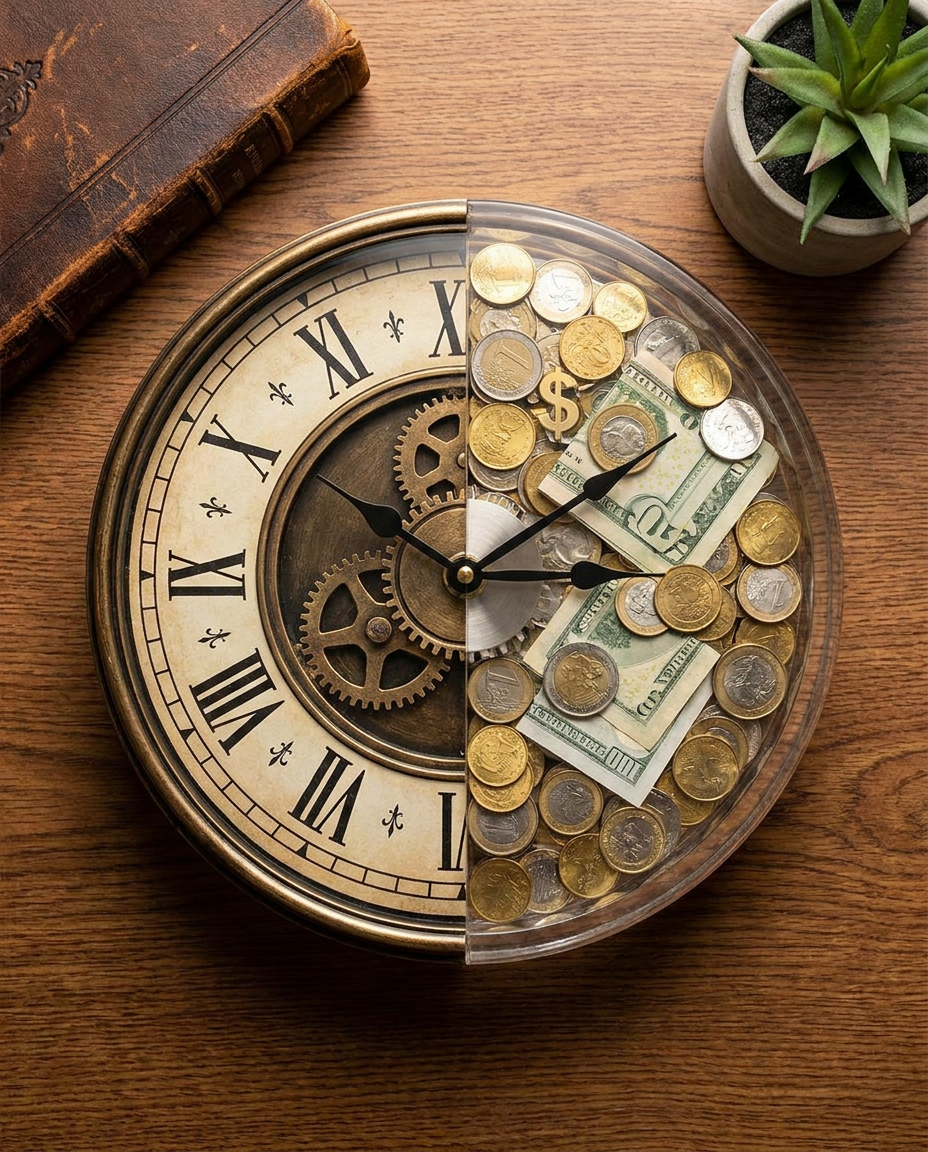 AI Design for half clock hour showing time and half showing coin or money