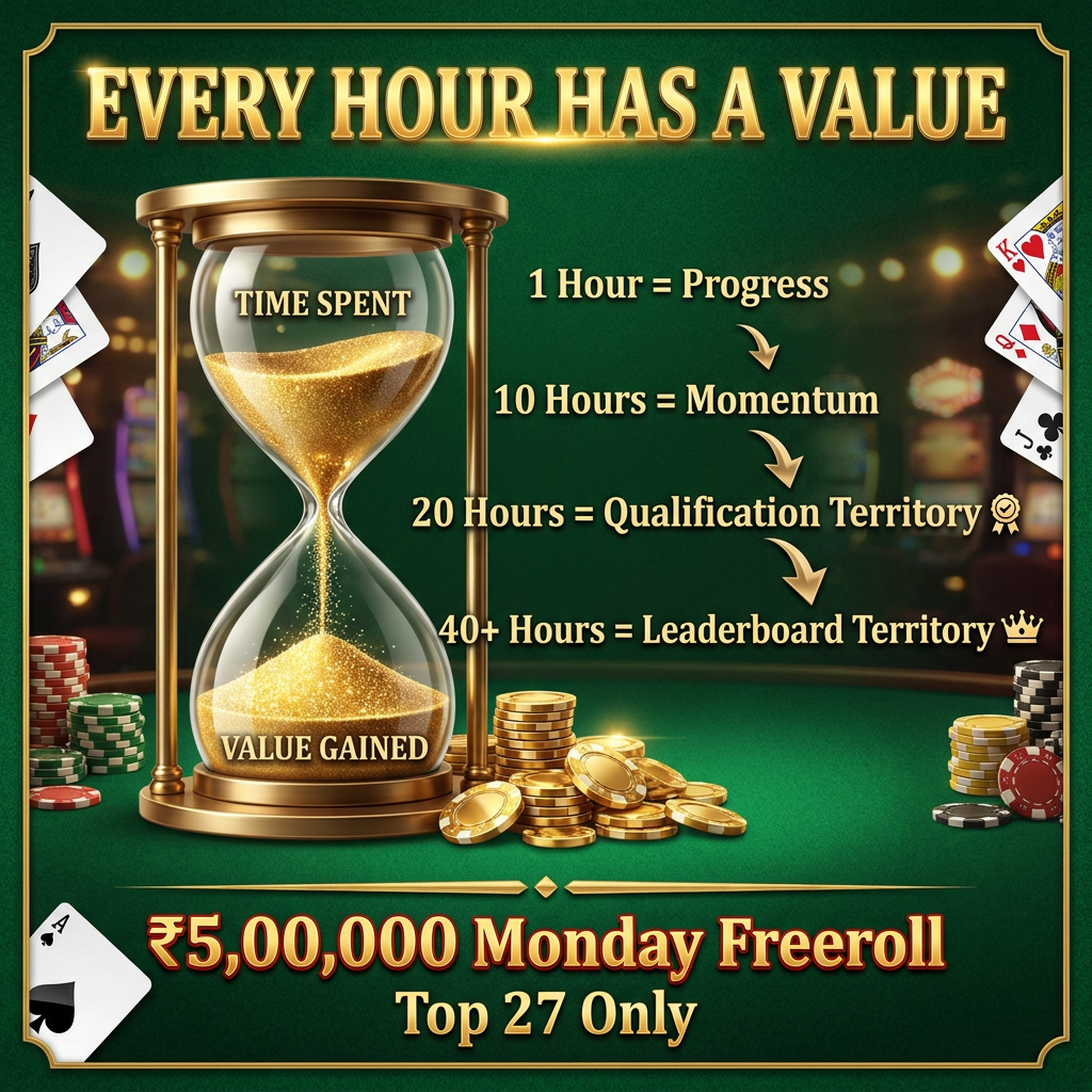 AI Design for make a poster for poker casino according to given details top: EVERY HOUR HAS A VALUE Visual Hourglass.   Text: 1 Hour = Progress 10 Hours = Momentum 20 Hours = Qualification Territory 40+ Hours = Leaderboard Territory   Bottom: ₹5,00,000 Monday Freeroll Top 27 Only