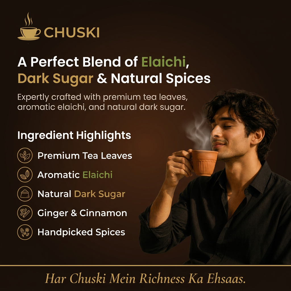 AI Design for For a premium, luxurious, and authentic chai brand, limit yourself to 4–5 core colors and use them consistently. Too many colors reduce the premium feel.
Chuski Premium Color Palette
Element Color Hex Code Usage
Primary Background Deep Espresso Brown #2E1C12 Main poster background
Secondary Background Warm Ivory #F5EFE6 Content sections or highlights
Brand Accent Antique Gold #C9A35A Logo accents, dividers, icons
Freshness Accent Elaichi Green #5E7D3A Ingredient highlights, leaves
Primary Text Soft Cream #F8F4ED Headlines on dark backgrounds
Secondary Text Rich Cocoa #4A3528 Body text on light backgrounds
Poster Element Color Guide
Background
Main Background: #2E1C12
Add a subtle radial gradient:
Center: #4A2C1D
Edges: #1B120D
This creates depth and richness.
Logo
"CHUSKI" Text: #C9A35A
Tea Cup Icon: #D8B46A
Add a subtle gold gradient:
Top: #E0C17A
Bottom: #B8873D
Headline
Example:
"A Perfect Blend of Elaichi, Dark Sugar & Natural Spices"
Text color: #F8F4ED
Highlight words:
Elaichi: #7B9B4A
Dark Sugar: #C9A35A
Body Copy
Color: #D9D0C5
Use 85% opacity for a softer look.
Ingredient Icons
Ingredient Color
Elaichi #5E7D3A
Dark Sugar #8B5A2B
Tea Leaves #355E3B
Cinnamon #9A5A2A
Ginger #C6923F
Use gold outline icons (#C9A35A) for consistency.
Hero Chai Cup
Cup (clay): #8B5A3C
Highlights: #B87A4A
Shadows: #5C3823
Chai color: #C68642
Foam details: #E2B87C
Steam Effect
Use a gradient:
Start: #FFF8F0 at 30% opacity
Fade to transparent
Apply a soft Gaussian blur.
Dividers and Borders
Color: #C9A35A
Opacity: 40%
Thin lines feel more premium than thick borders.
CTA/Footer Strip
Background: #1B120D
Text:
"Har Chuski Mein Richness Ka Ehsaas."
Color: #D8B46A
Luxury Design Rule: 60–30–10
60%: Deep Brown (#2E1C12)
30%: Warm Ivory (#F5EFE6)
10%: Antique Gold (#C9A35A)
Use Elaichi Green (#5E7D3A) sparingly as a freshness accent.
This balance creates a sophisticated, premium tea brand aesthetic without overwhelming the design.
and typography also
For a premium luxury tea brand like Chuski, typography should communicate richness, authenticity, and warmth. Limit yourself to two font families—one for branding and one for all supporting text.
Typography Pairing
1. Logo & Brand Name
Font: Cormorant Garamond SemiBold or Playfair Display Bold
Style: Elegant serif
Feel: Premium, traditional, sophisticated
Settings:
Weight: SemiBold / Bold
Letter Spacing: +2%
Color: #C9A35A (Antique Gold)
2. Headlines
Examples:
A Perfect Blend of Elaichi, Dark Sugar & Natural Spices
Authentic Taste. Luxurious Experience.
Font: Poppins SemiBold or Montserrat SemiBold
Style: Clean sans-serif
Feel: Modern luxury
Settings:
Weight: 600
Line Height: 110–120%
Letter Spacing: -1%
Color: #F8F4ED
Font Size Guide:
A4 Poster: 48–60 pt
Instagram Post: 36–48 pt
3. Highlight Words
Examples:
Elaichi
Dark Sugar
Freshness
Use a contrasting font style.
Font: Cormorant Garamond Italic
Settings:
Weight: Medium
Color: #7B9B4A (Elaichi Green) or #C9A35A (Gold)
Size: 110–120% of surrounding text
4. Body Copy
Example:
"Expertly crafted with premium tea leaves, aromatic elaichi, and natural dark sugar."
Font: Inter Regular or Lato Regular
Settings:
Weight: 400
Line Height: 140–150%
Letter Spacing: 0%
Color: #D9D0C5
Font Size Guide:
A4 Poster: 14–18 pt
Instagram Post: 12–14 pt
5. Ingredient Labels & Icons
Examples:
Premium Tea Leaves
Aromatic Elaichi
Font: Montserrat Medium
Settings:
Weight: 500
Letter Spacing: +4%
Use ALL CAPS for luxury feel
Color: #C9A35A
6. Tagline
Examples:
Har Chuski Mein Richness Ka Ehsaas.
Sip the Tradition, Savor the Luxury.
Font: Cormorant Garamond Italic
Settings:
Weight: Medium Italic
Color: #D8B46A
Letter Spacing: +2%
Typography Hierarchy
Logo: Cormorant Garamond Bold — 64–80 pt
Headline: Poppins SemiBold — 48–60 pt
Subheadline: Poppins Medium — 24–30 pt
Body Copy: Inter Regular — 14–18 pt
Ingredients: Montserrat Medium — 12–14 pt
Tagline: Cormorant Garamond Italic — 20–28 pt
Golden Rules for a Premium Look
Use only two font families consistently.
Maintain generous spacing around text.
Avoid more than three font weights.
Keep text alignment consistent (left-aligned works best).
Use gold sparingly for emphasis.
Let the imagery and whitespace create the luxury feel.
Use only two font families consistently.
For Chuski, using only two font families will make the brand look more premium, consistent, and memorable.
Recommended Font Pairing
1. Cormorant Garamond
Use for:
Logo (CHUSKI)
Taglines
Highlight words like "Elaichi", "Richness", "Freshness"
Why?
It has an elegant, heritage-inspired look that communicates authenticity and luxury.
Weights:
SemiBold (600)
Bold (700)
Italic (for taglines and emphasis)
2. Poppins
Use for:
Headlines
Ingredient list
Body copy
Call-to-action text
Product details
Why?
Its clean, modern appearance balances the traditional feel of Cormorant Garamond.
Weights:
Medium (500)
SemiBold (600)
Regular (400)
Typography System
Element Font Weight Size
Logo Cormorant Garamond Bold 64–80 pt
Main Headline Poppins SemiBold 48–60 pt
Subheadline Poppins Medium 24–30 pt
Body Copy Poppins Regular 14–18 pt
Ingredient Labels Poppins Medium 12–14 pt
Tagline Cormorant Garamond Italic Medium 20–28 pt
Example Usage
Logo:
CHUSKI → Cormorant Garamond Bold
Headline:
A Perfect Blend of Elaichi, Dark Sugar & Natural Spices → Poppins SemiBold
Tagline:
Har Chuski Mein Richness Ka Ehsaas. → Cormorant Garamond Italic
Body Copy:
Crafted with premium tea leaves, aromatic elaichi, and natural dark sugar. → Poppins Regular
Design Rule
Use Cormorant Garamond for emotion and brand personality.
Use Poppins for clarity and readability.
Avoid introducing any third font. Consistency is what creates a premium identity.
create a poster accordint to the promt taking sample as photo attached.